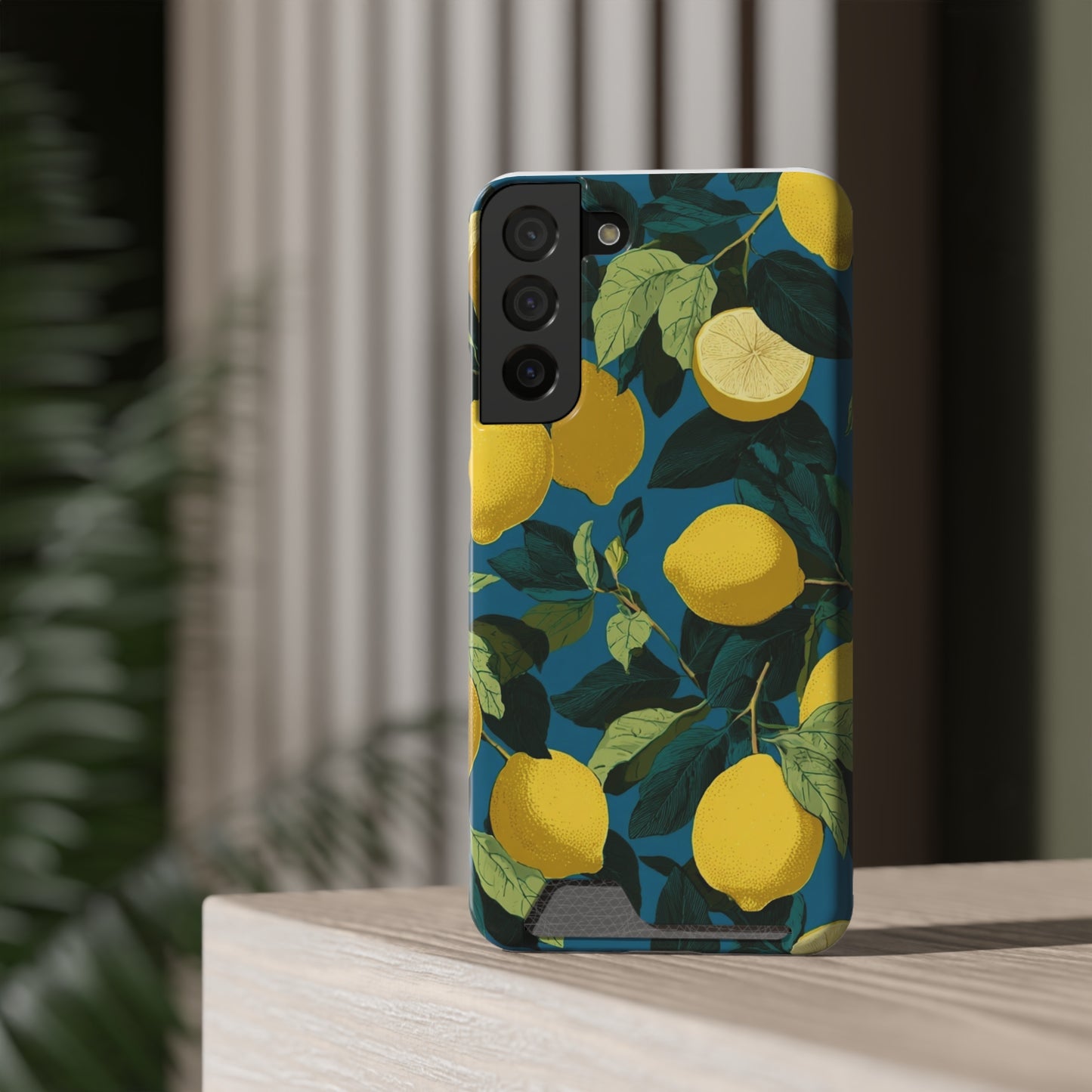Lemon Print Phone Case with Card Holder, Chic Phone Accessory, Gift for Her, Cell Phone Cover, Summer Vibe, Floral Phone Case