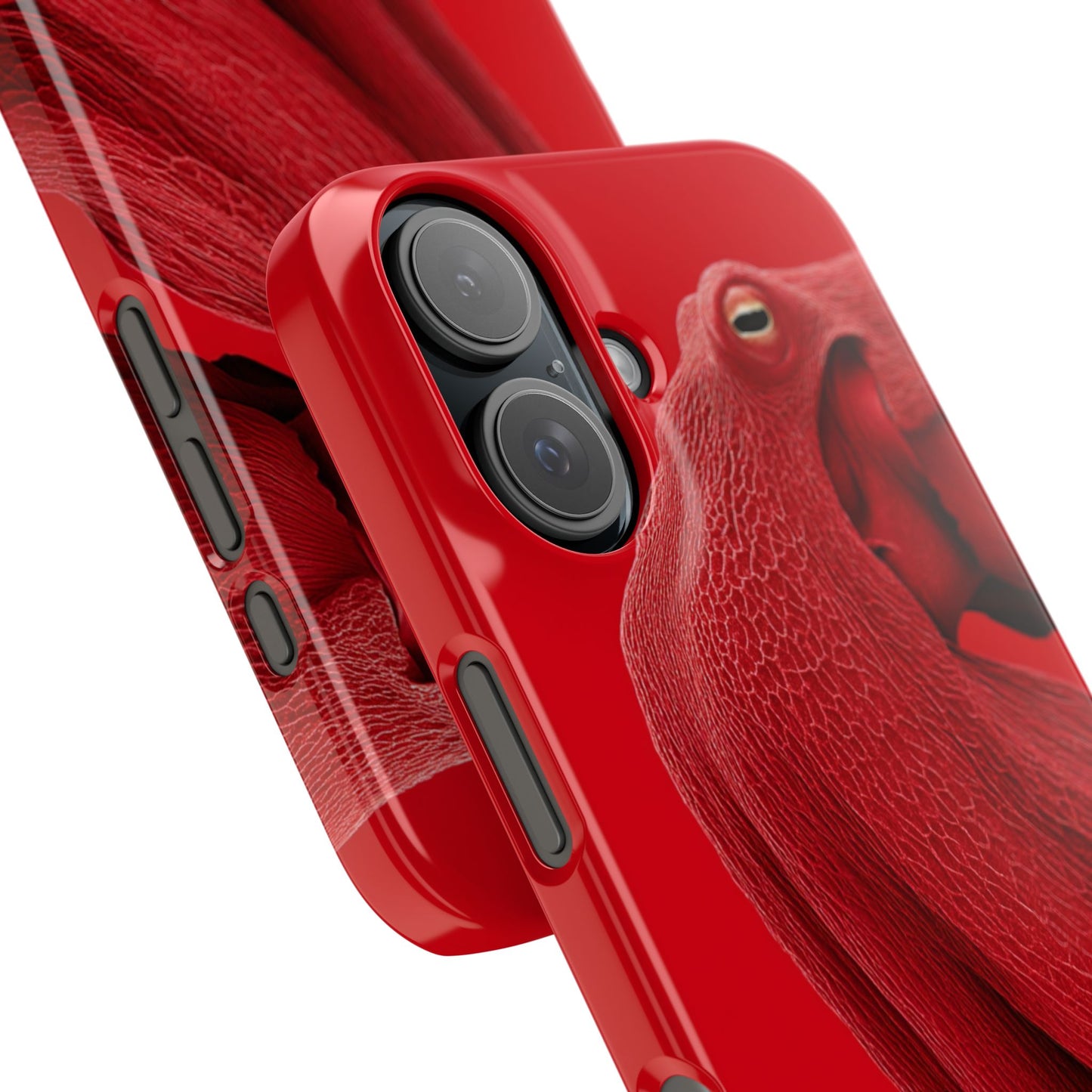 Vibrant red snap phone case featuring a colorful octopus design with underwater-inspired art