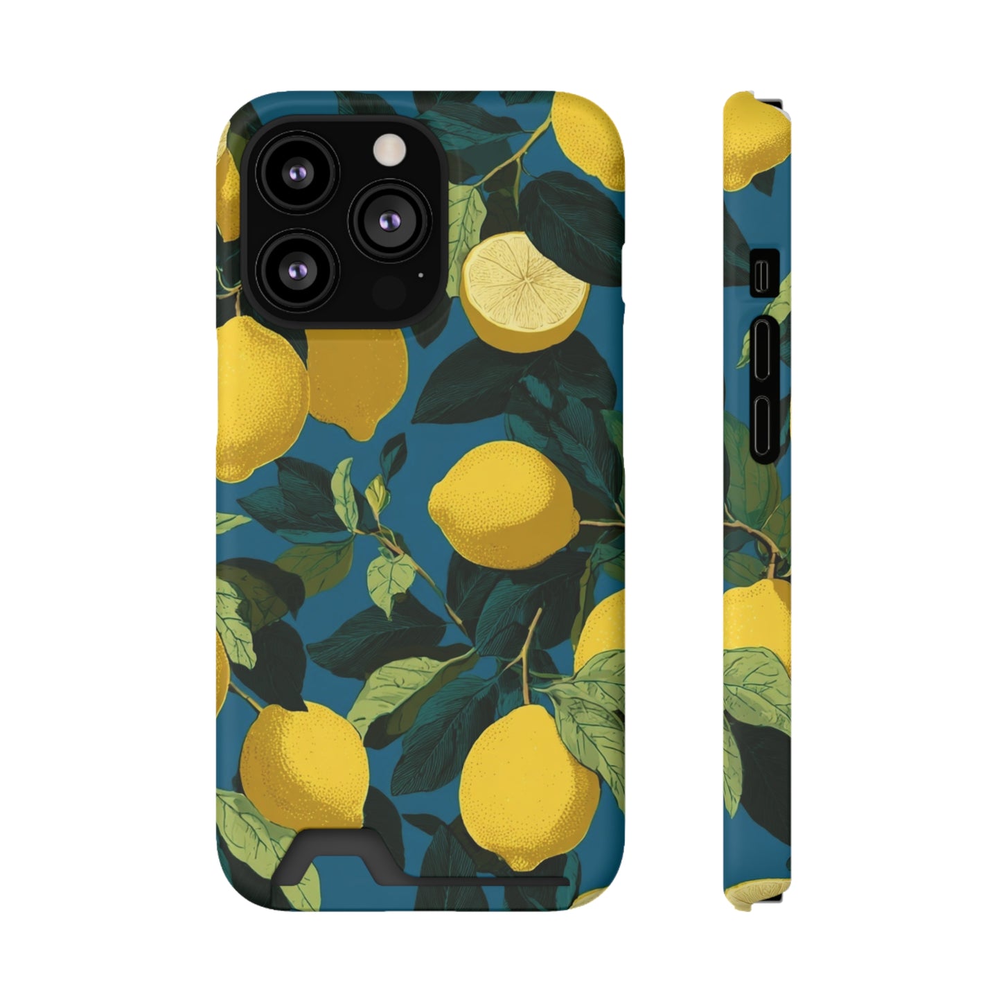 Lemon Print Phone Case with Card Holder, Chic Phone Accessory, Gift for Her, Cell Phone Cover, Summer Vibe, Floral Phone Case