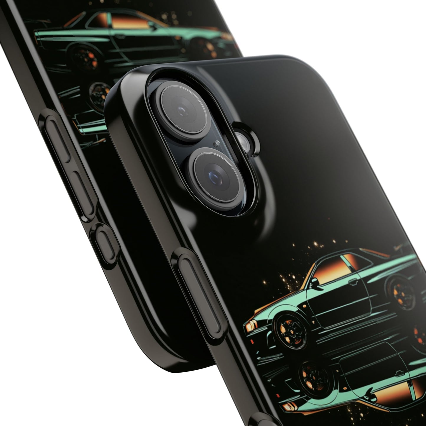 Green Nissan Skyline R34 GTR art snap case for iPhone and Samsung with detailed automotive design