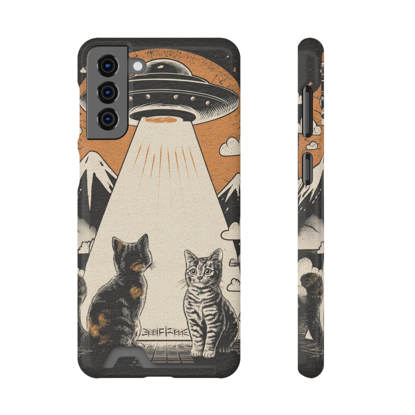 Cat UFO Phone Case with Card Holder, Trendy Cat Lover Gift, Space Theme Accessories, Unique Pet Owner Present, Cute Feline Design