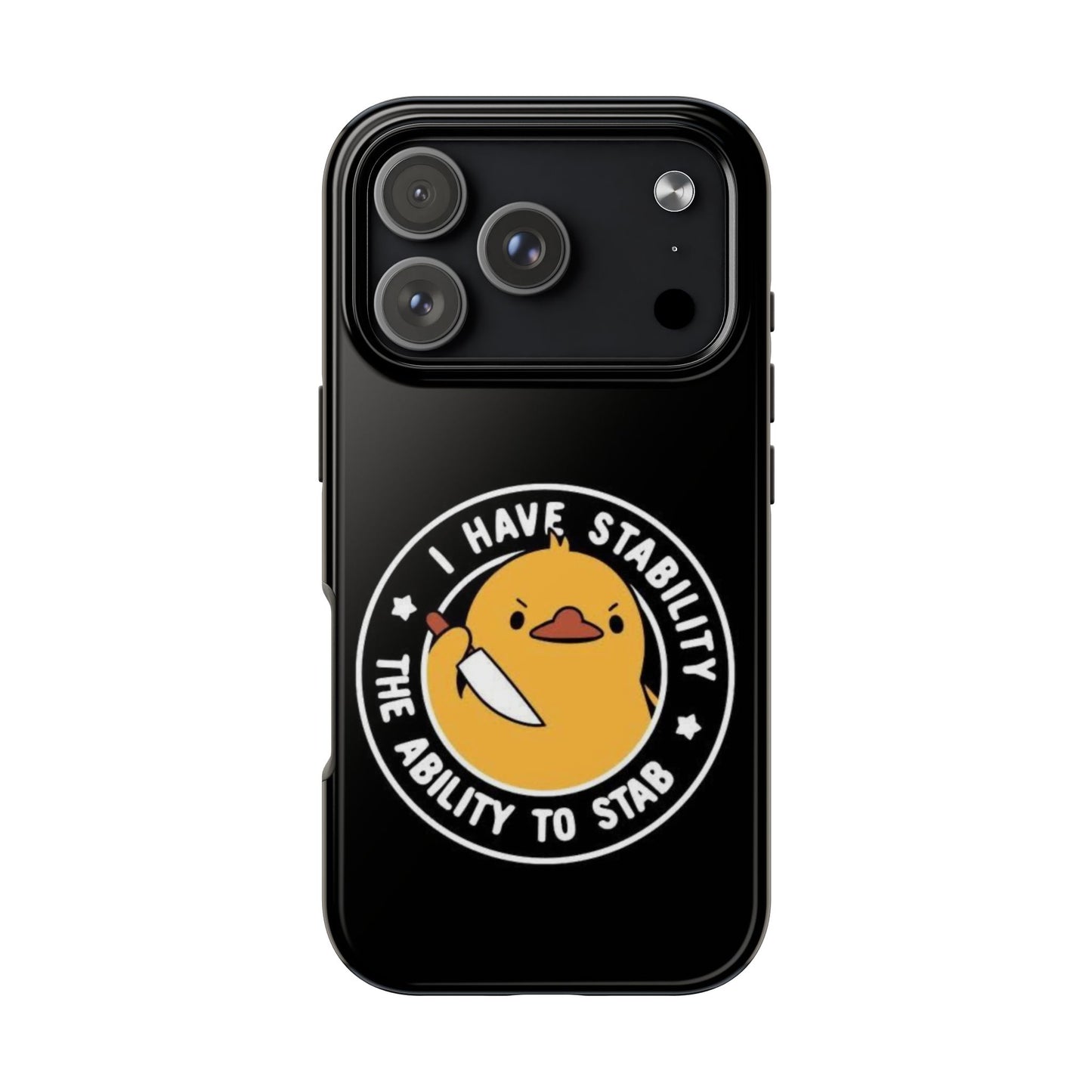 iPhone 17 tough phone case featuring a cheeky cartoon duck illustration on white hard polycarbonate shell