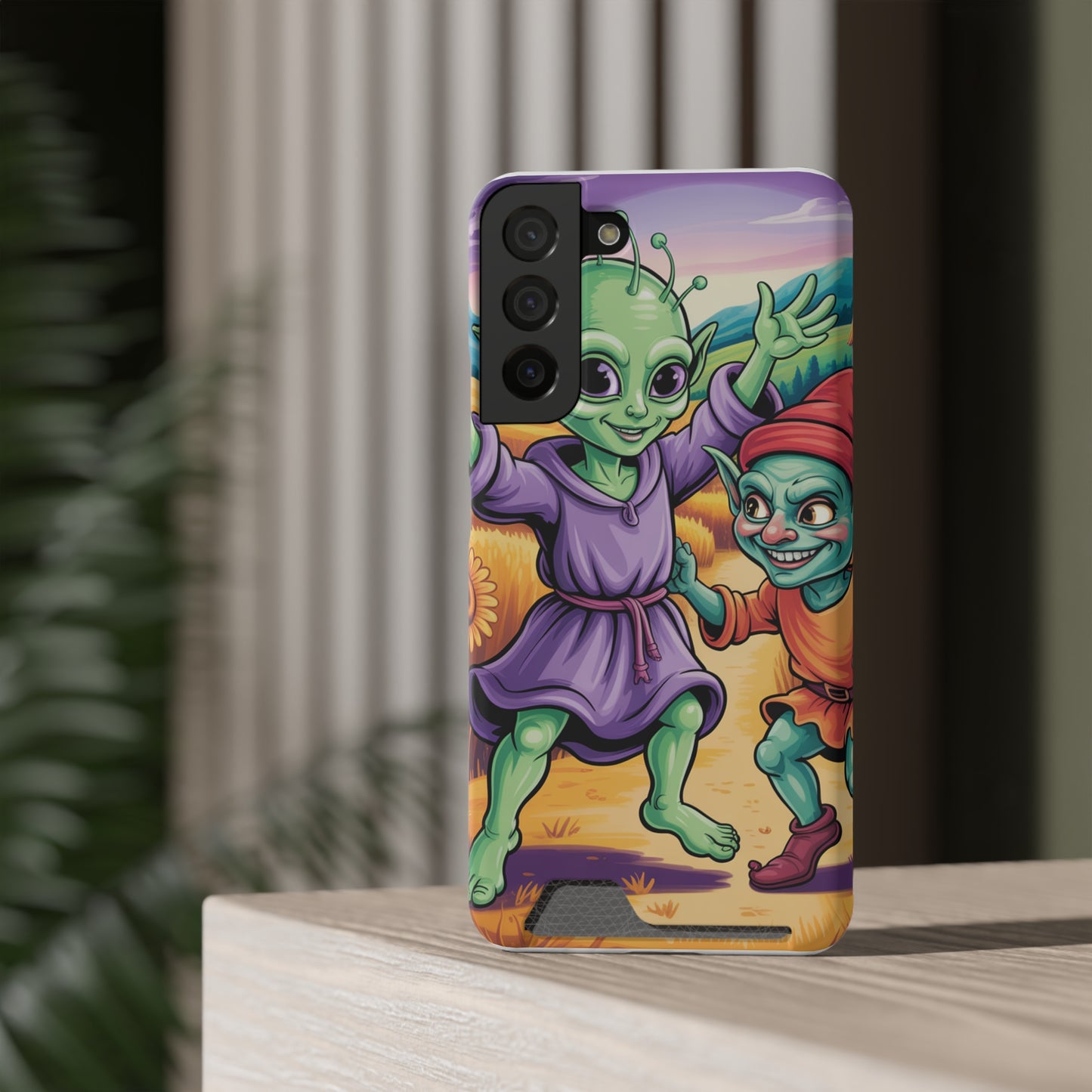 Playful Alien Phone Case with Card Holder | Cute Green Characters | Gift for Kids, Sci-Fi Fanatic, Birthday Fun, Unique Design