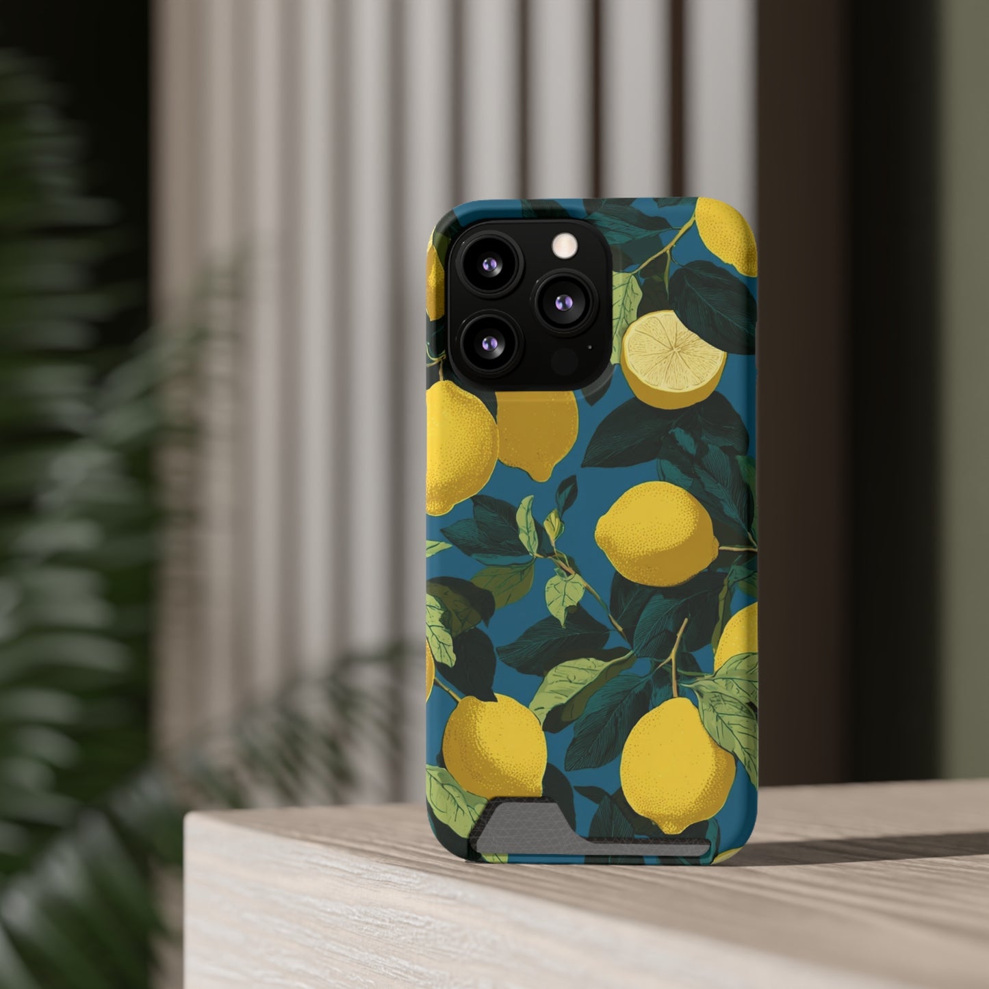 Lemon Print Phone Case with Card Holder, Chic Phone Accessory, Gift for Her, Cell Phone Cover, Summer Vibe, Floral Phone Case