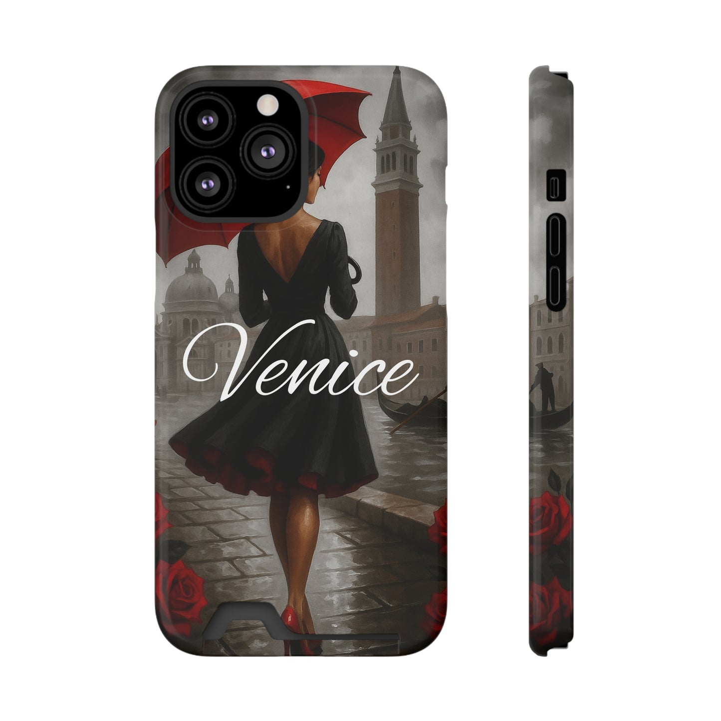 Phone Case With Card Holder, Venice Woman Design, Rainy Day Phone Wallet, Traveler Gift, Italian Art Accessory, Cute Cellphone Cover