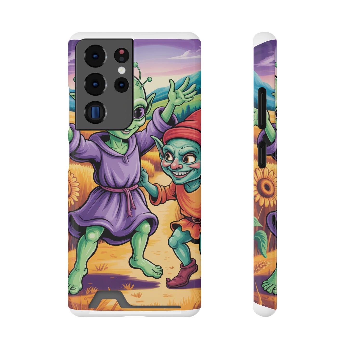 Playful Alien Phone Case with Card Holder | Cute Green Characters | Gift for Kids, Sci-Fi Fanatic, Birthday Fun, Unique Design