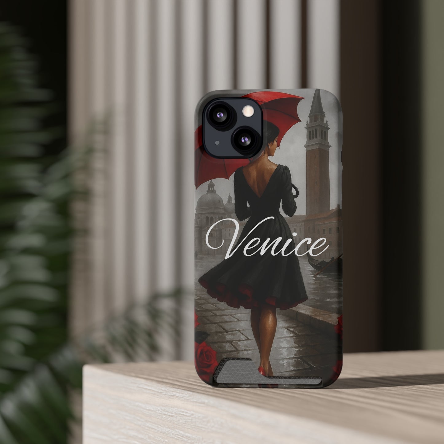Phone Case With Card Holder, Venice Woman Design, Rainy Day Phone Wallet, Traveler Gift, Italian Art Accessory, Cute Cellphone Cover