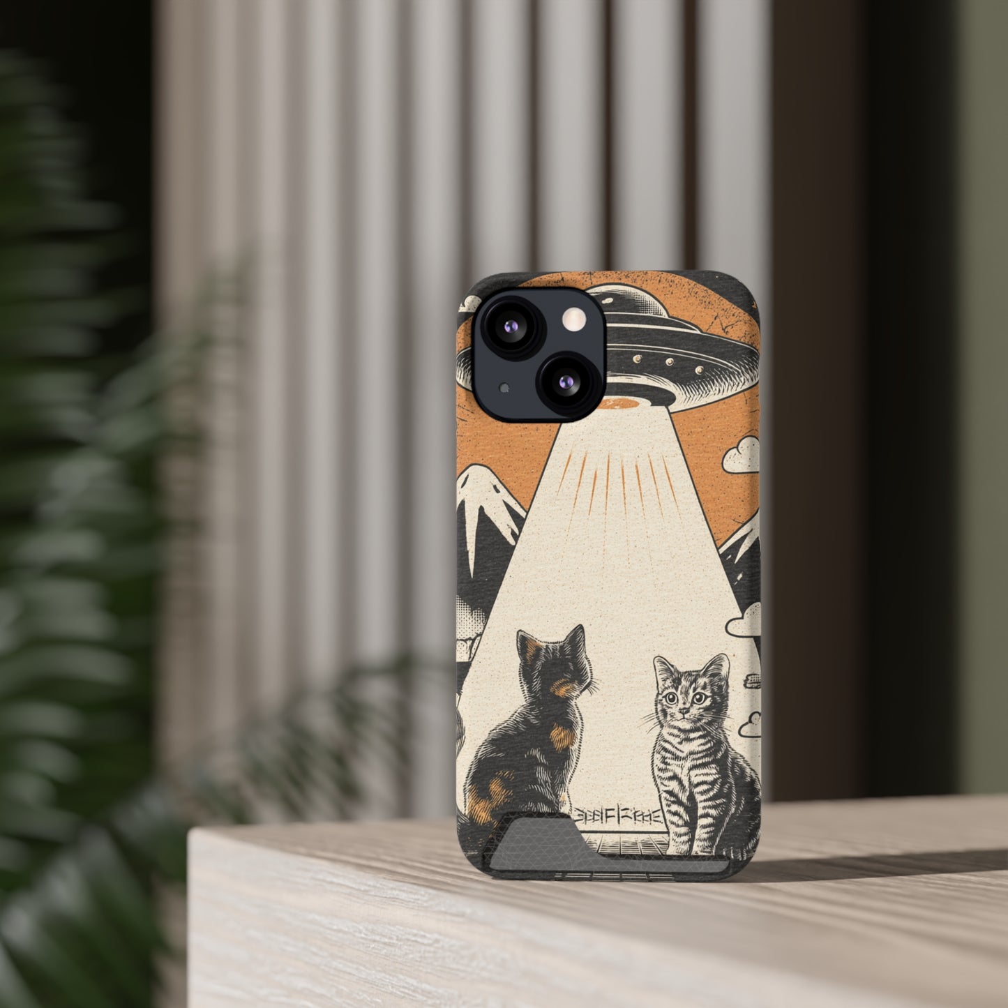 Cat UFO Phone Case with Card Holder, Trendy Cat Lover Gift, Space Theme Accessories, Unique Pet Owner Present, Cute Feline Design