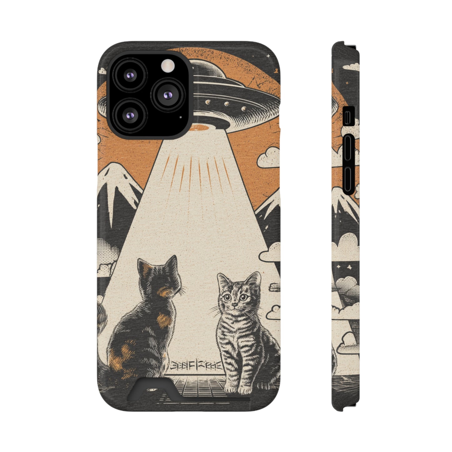 Cat UFO Phone Case with Card Holder, Trendy Cat Lover Gift, Space Theme Accessories, Unique Pet Owner Present, Cute Feline Design