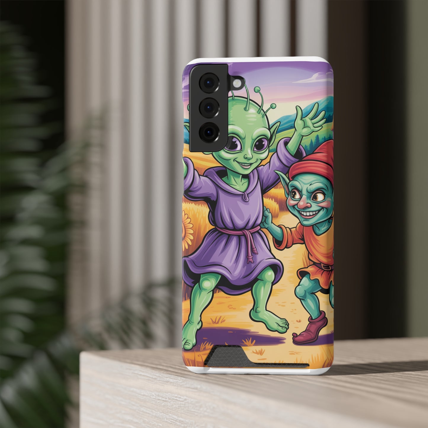 Playful Alien Phone Case with Card Holder | Cute Green Characters | Gift for Kids, Sci-Fi Fanatic, Birthday Fun, Unique Design