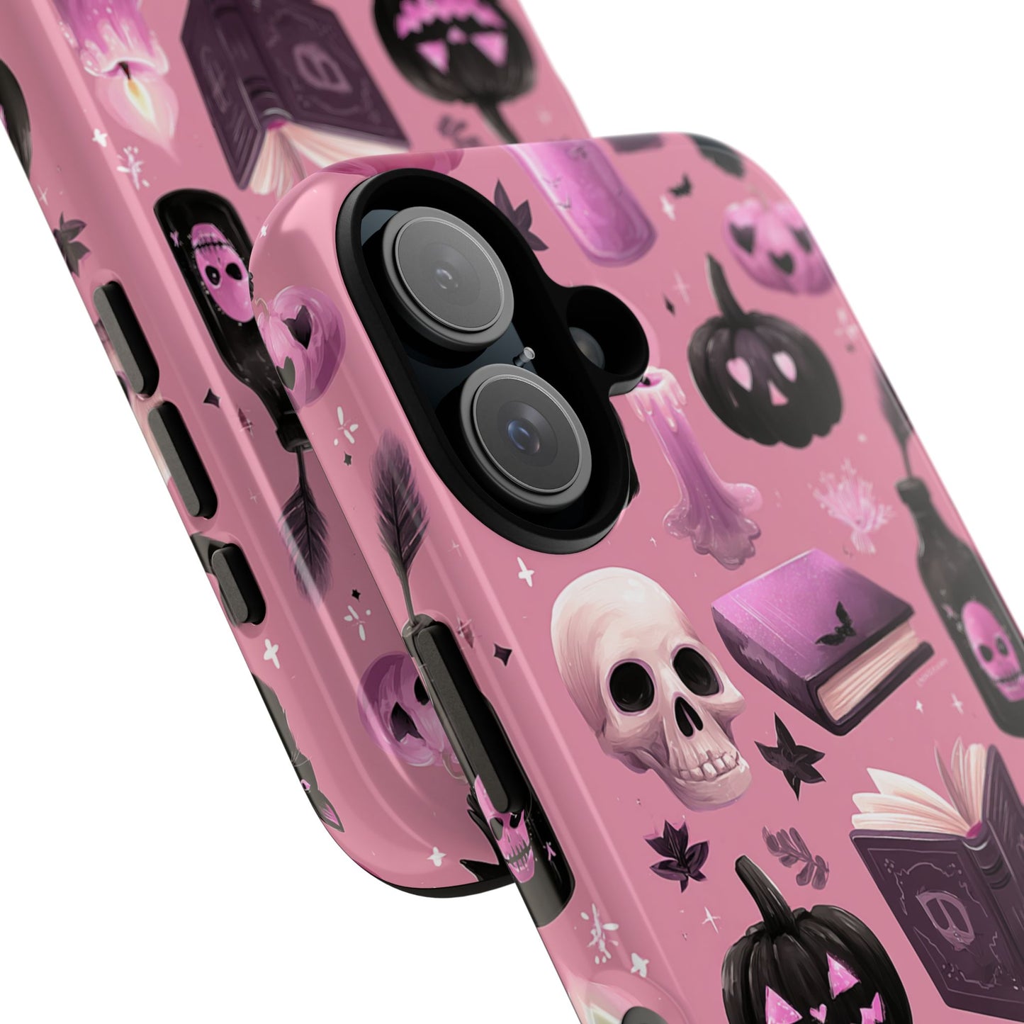 Phone case with whimsical Halloween design showing black cats, carved pumpkins, and eerie candles on a dark background