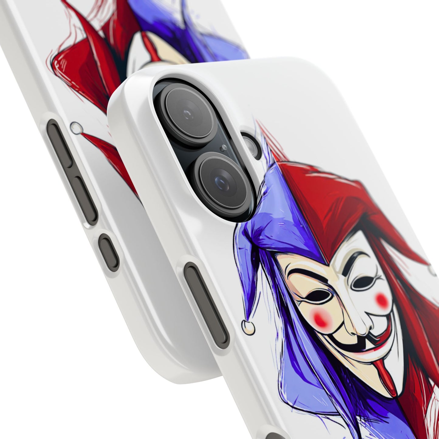 Snap phone case featuring Joker and Guy Fawkes Anonymous mask reunited art design for iPhone and Samsung