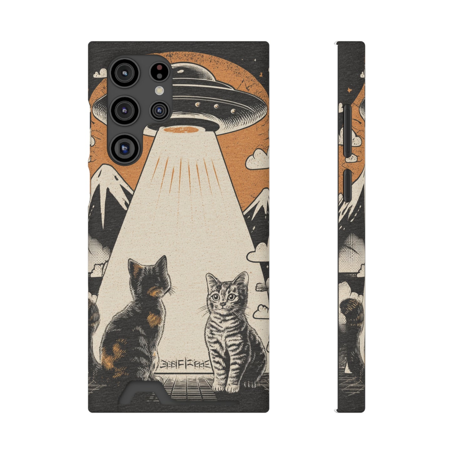 Cat UFO Phone Case with Card Holder, Trendy Cat Lover Gift, Space Theme Accessories, Unique Pet Owner Present, Cute Feline Design