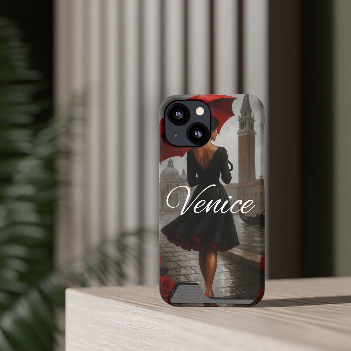 Phone Case With Card Holder, Venice Woman Design, Rainy Day Phone Wallet, Traveler Gift, Italian Art Accessory, Cute Cellphone Cover