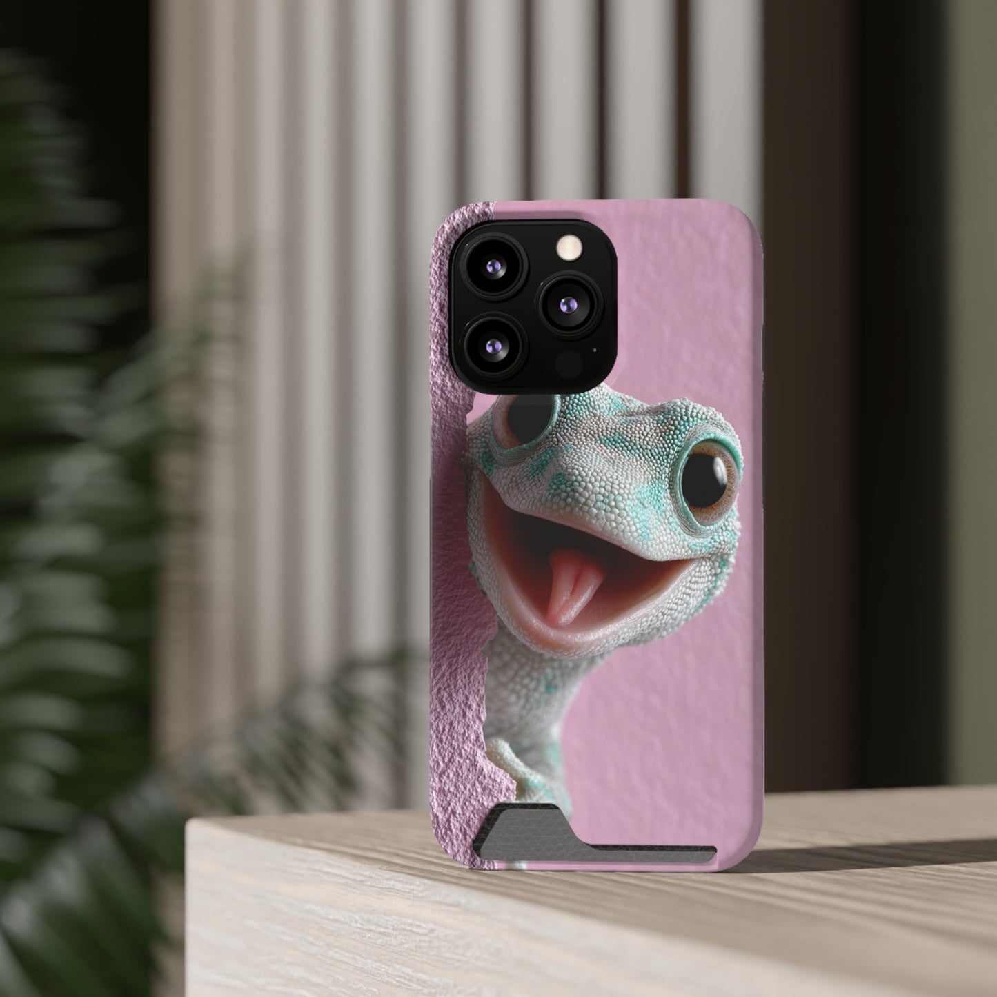 Fun Gecko Phone Case with Card Holder, Cute Cell Phone Accessory, Animal Lover Gift, Party Favor, Unique Phone Cover