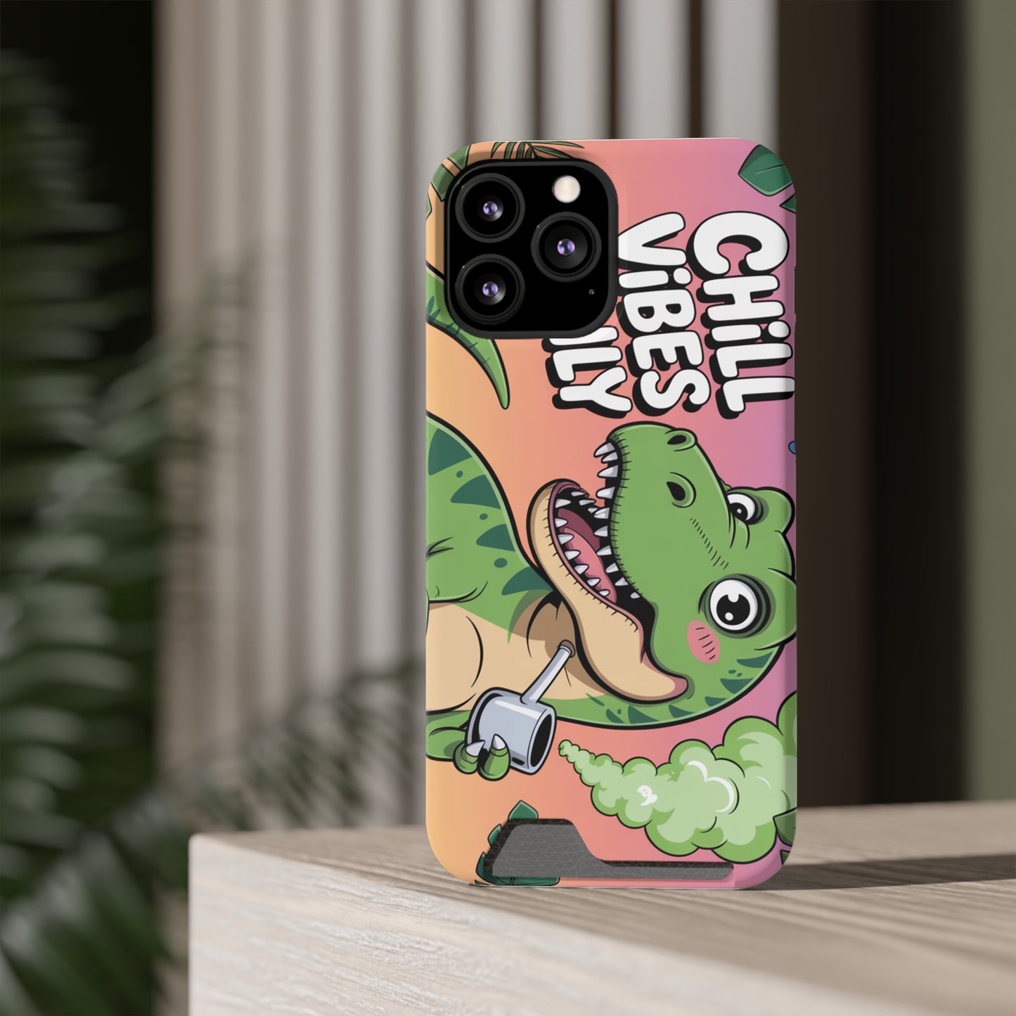 Chill Vibes Phone Case with Card Holder, Fun Dino Design for Teens, Cute Gift, Summer Vibes, Trendy Accessories