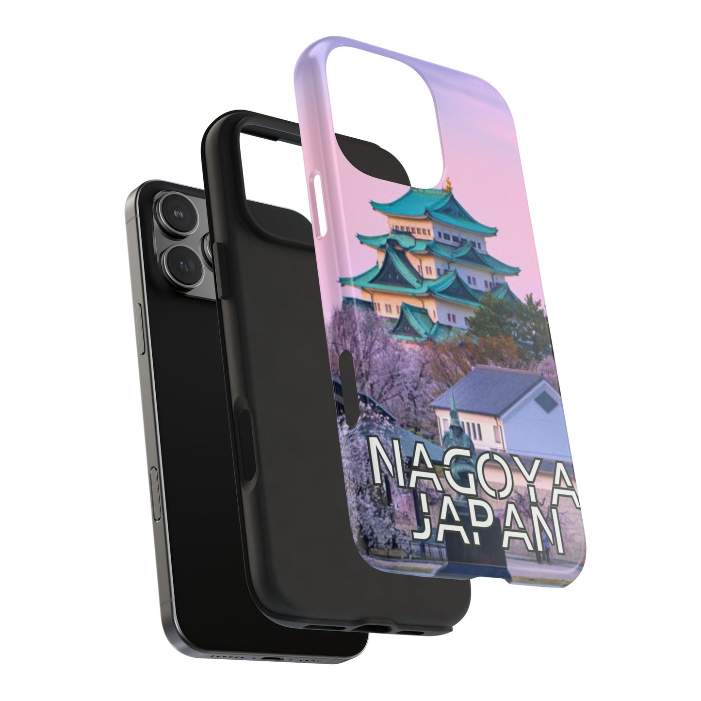 Glossy dual-layer iPhone 17 tough case with Nagoya Japan city travel graphic design in vibrant colors