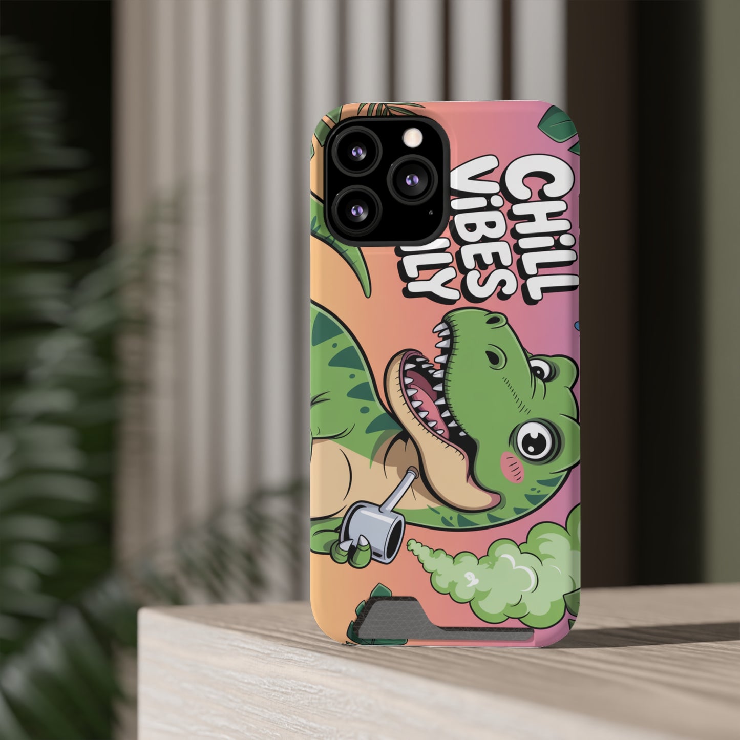 Chill Vibes Phone Case with Card Holder, Fun Dino Design for Teens, Cute Gift, Summer Vibes, Trendy Accessories