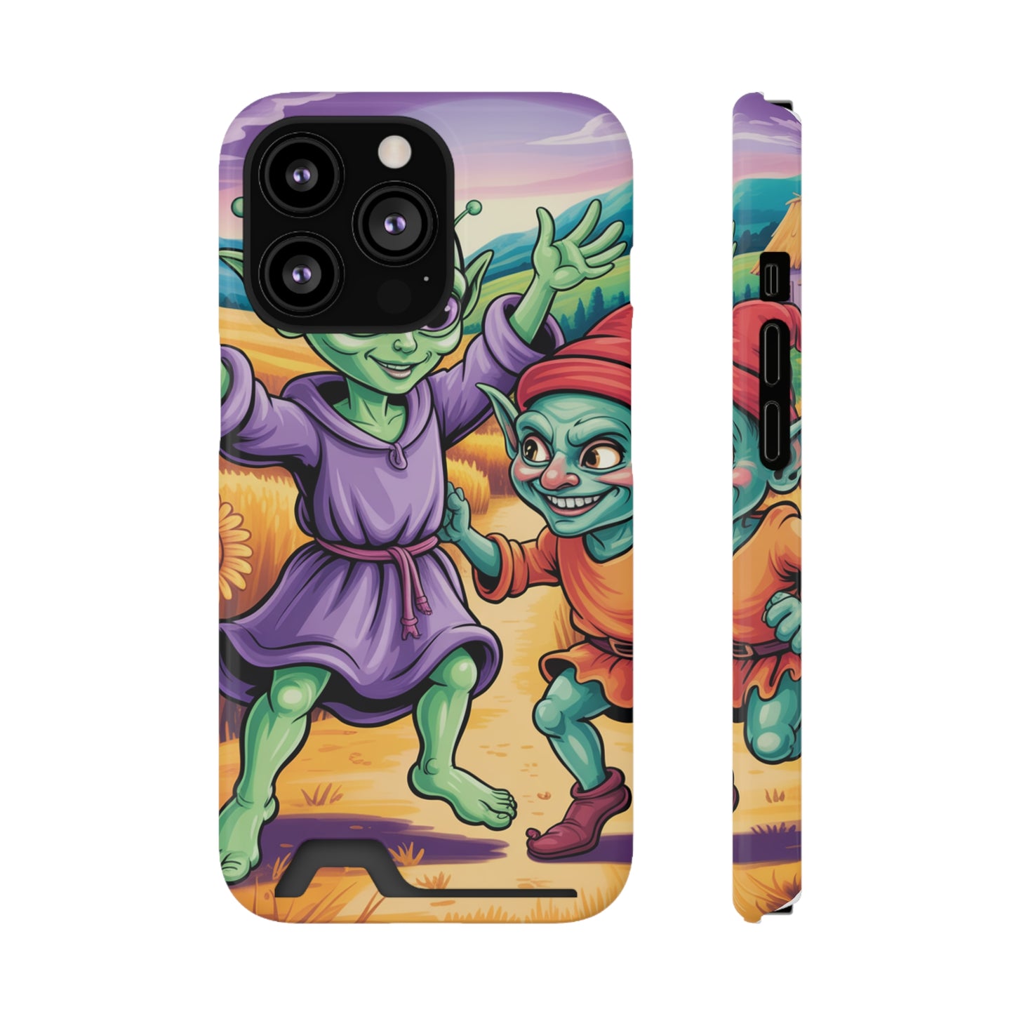 Playful Alien Phone Case with Card Holder | Cute Green Characters | Gift for Kids, Sci-Fi Fanatic, Birthday Fun, Unique Design