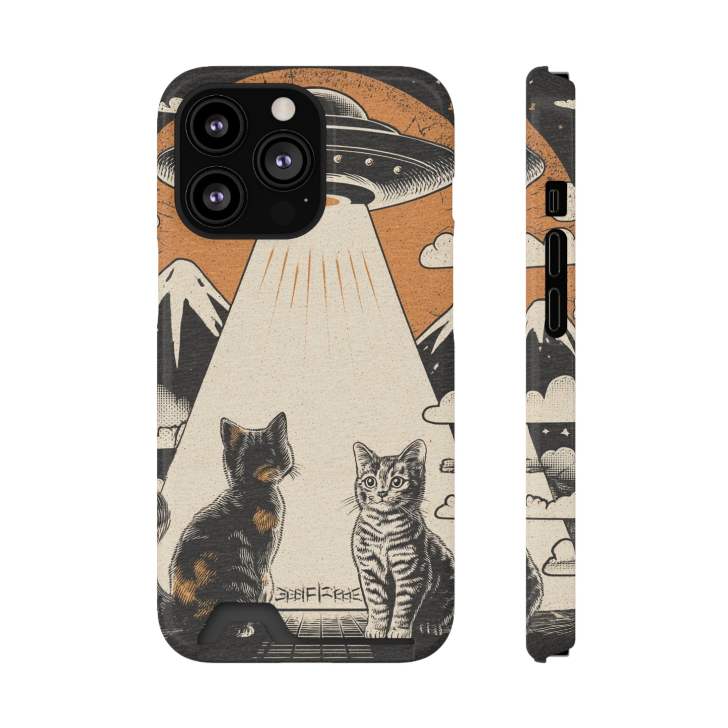 Cat UFO Phone Case with Card Holder, Trendy Cat Lover Gift, Space Theme Accessories, Unique Pet Owner Present, Cute Feline Design