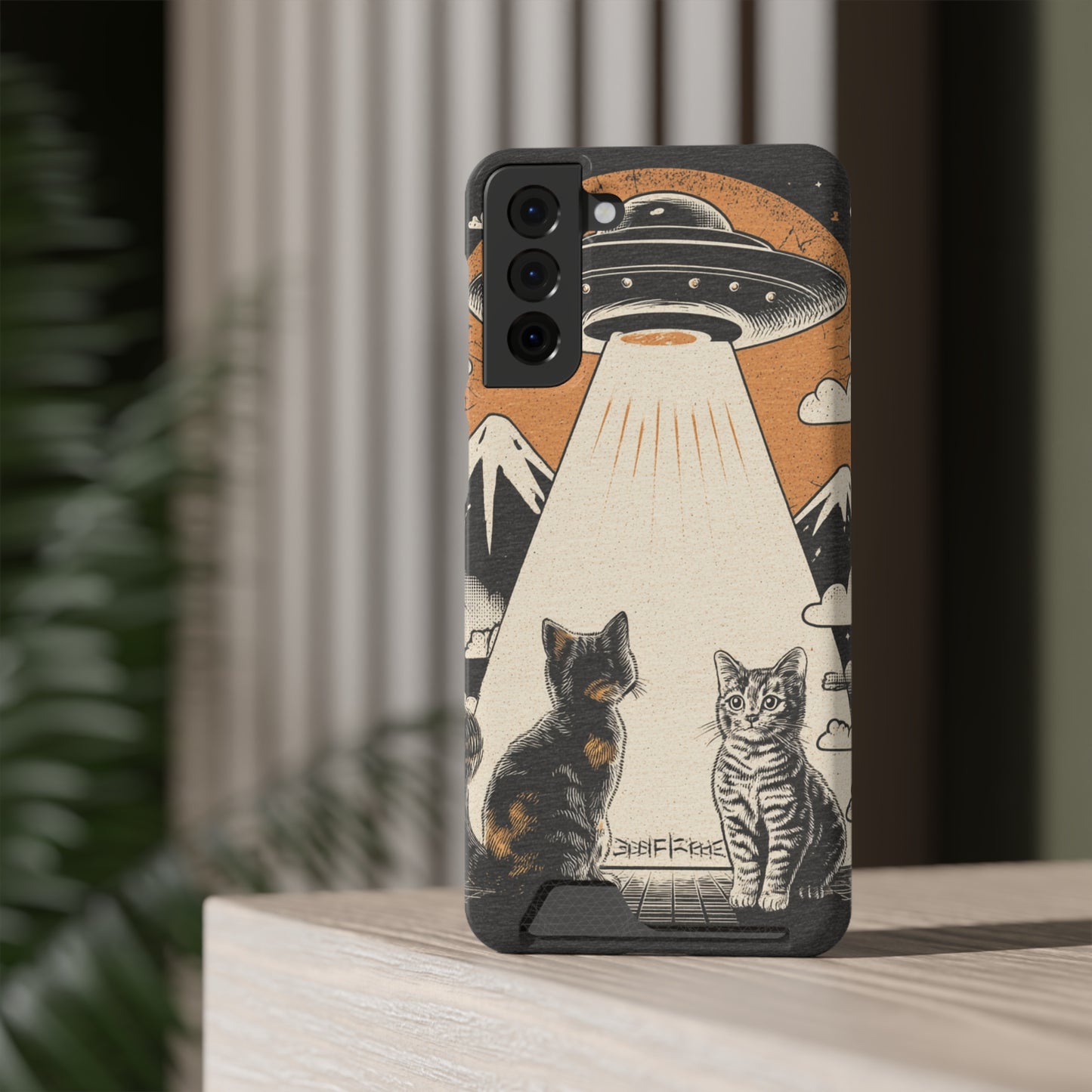 Cat UFO Phone Case with Card Holder, Trendy Cat Lover Gift, Space Theme Accessories, Unique Pet Owner Present, Cute Feline Design