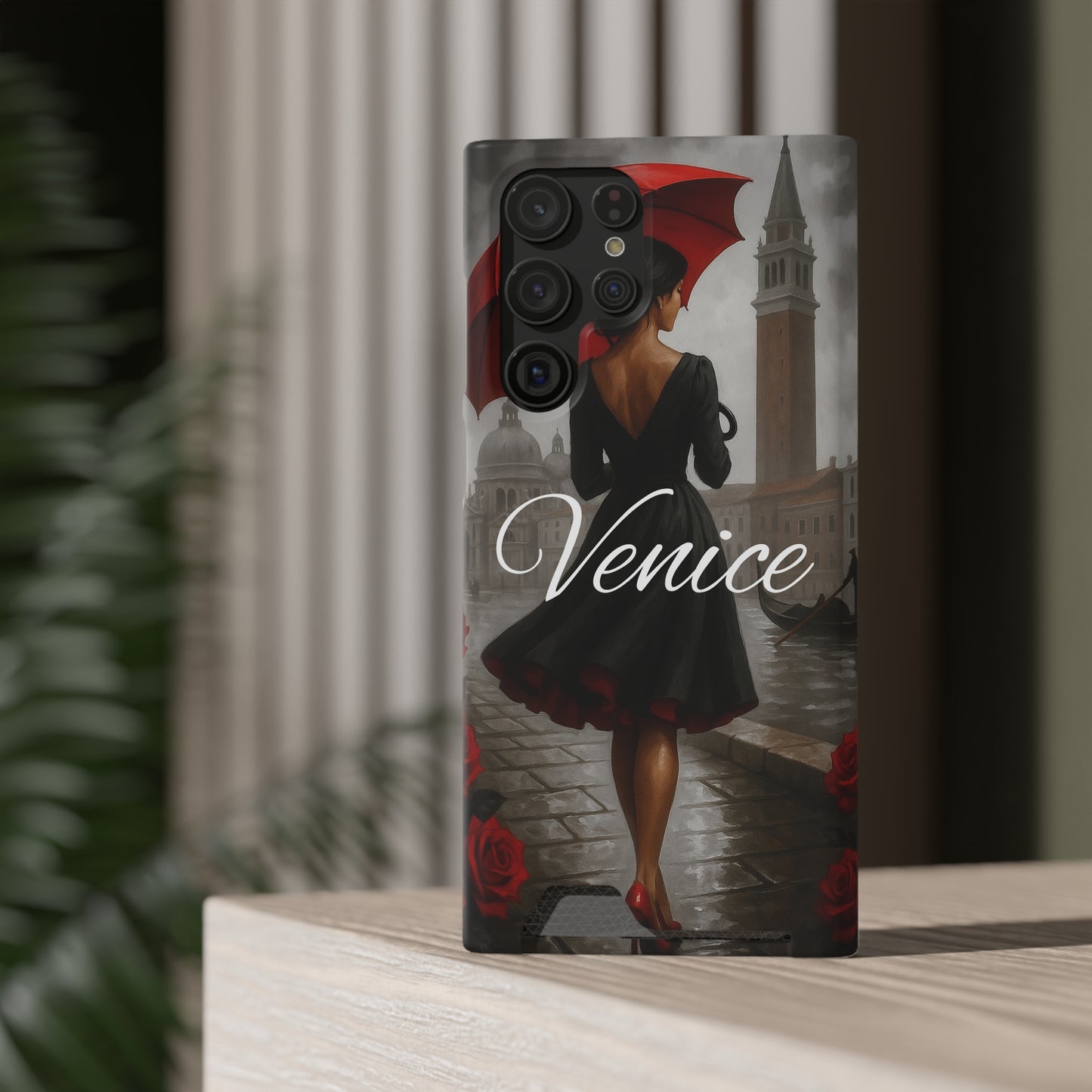 Phone Case With Card Holder, Venice Woman Design, Rainy Day Phone Wallet, Traveler Gift, Italian Art Accessory, Cute Cellphone Cover