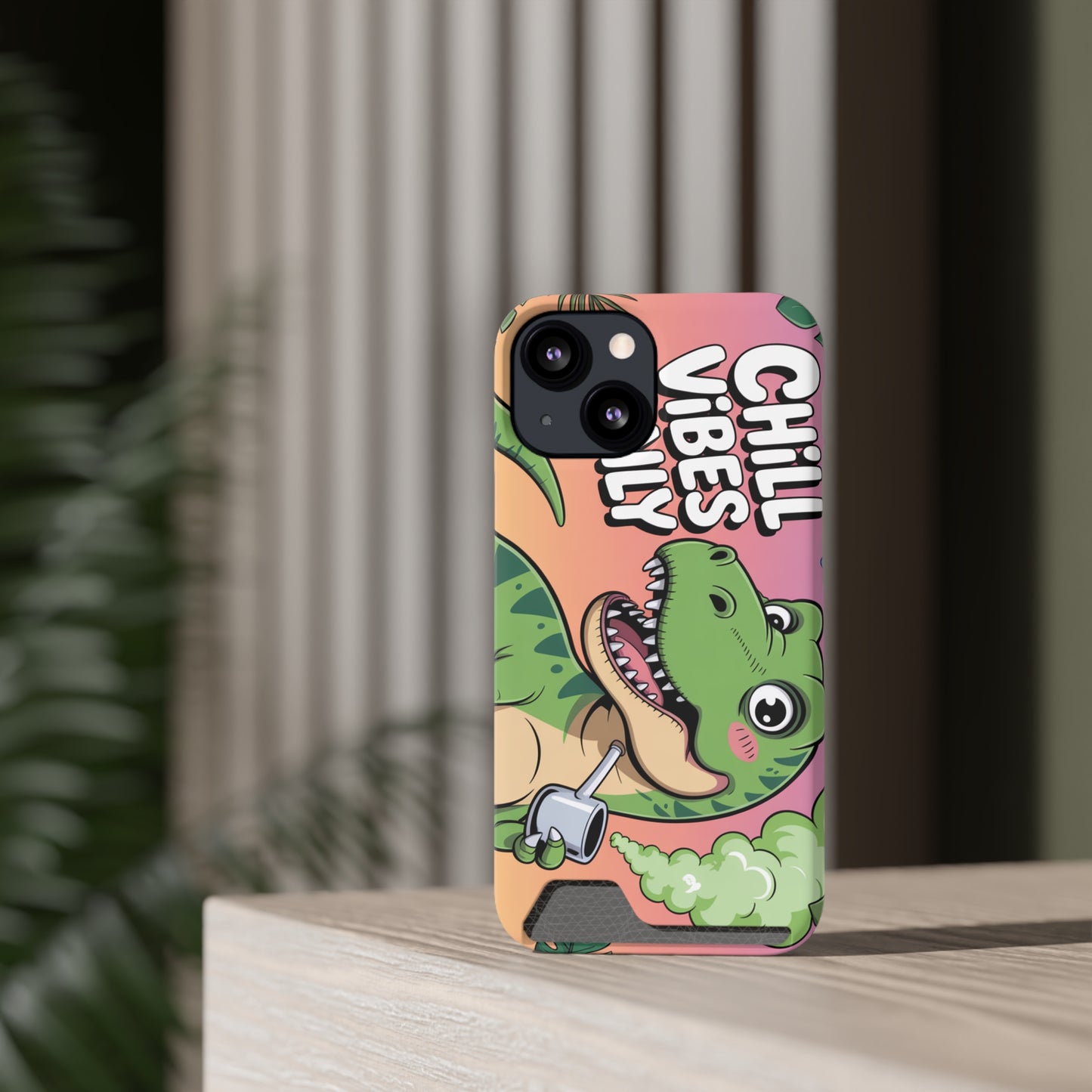 Chill Vibes Phone Case with Card Holder, Fun Dino Design for Teens, Cute Gift, Summer Vibes, Trendy Accessories