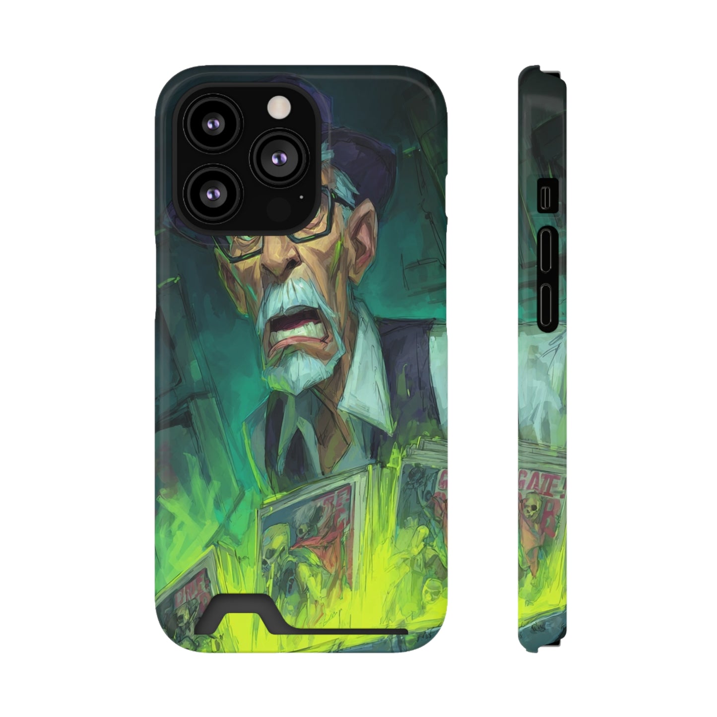Spooky Illustrated Phone Case with Card Holder, Halloween Accessory, Unique Gift for Horror Fans, Stylish Phone Cover, Functional & Fun