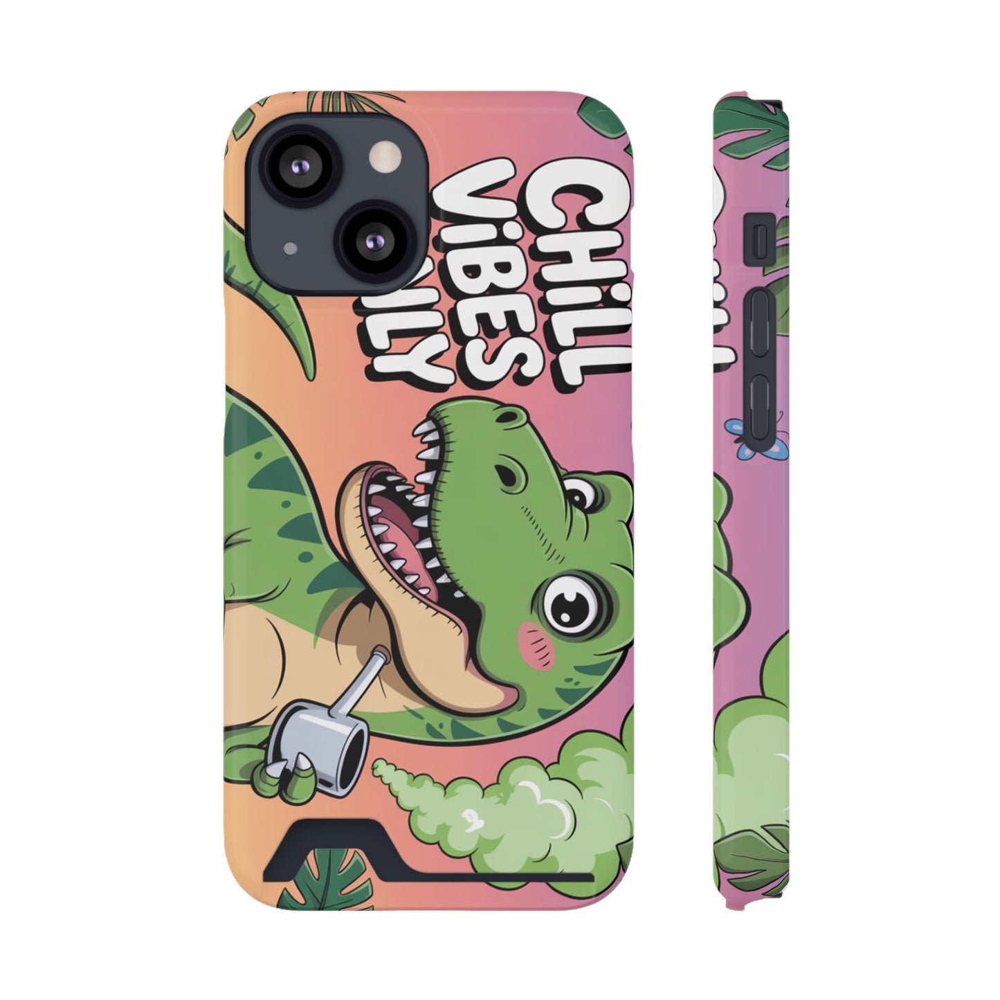 Chill Vibes Phone Case with Card Holder, Fun Dino Design for Teens, Cute Gift, Summer Vibes, Trendy Accessories
