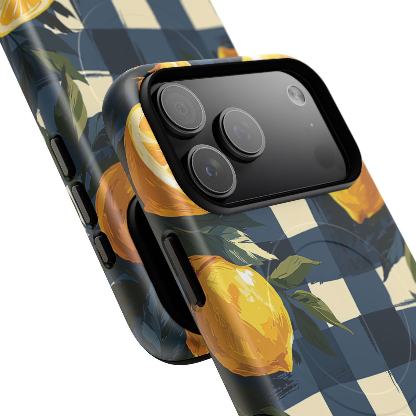 Lemon Check Tough Magnetic Phone Case — Blue Gingham Citrus Design