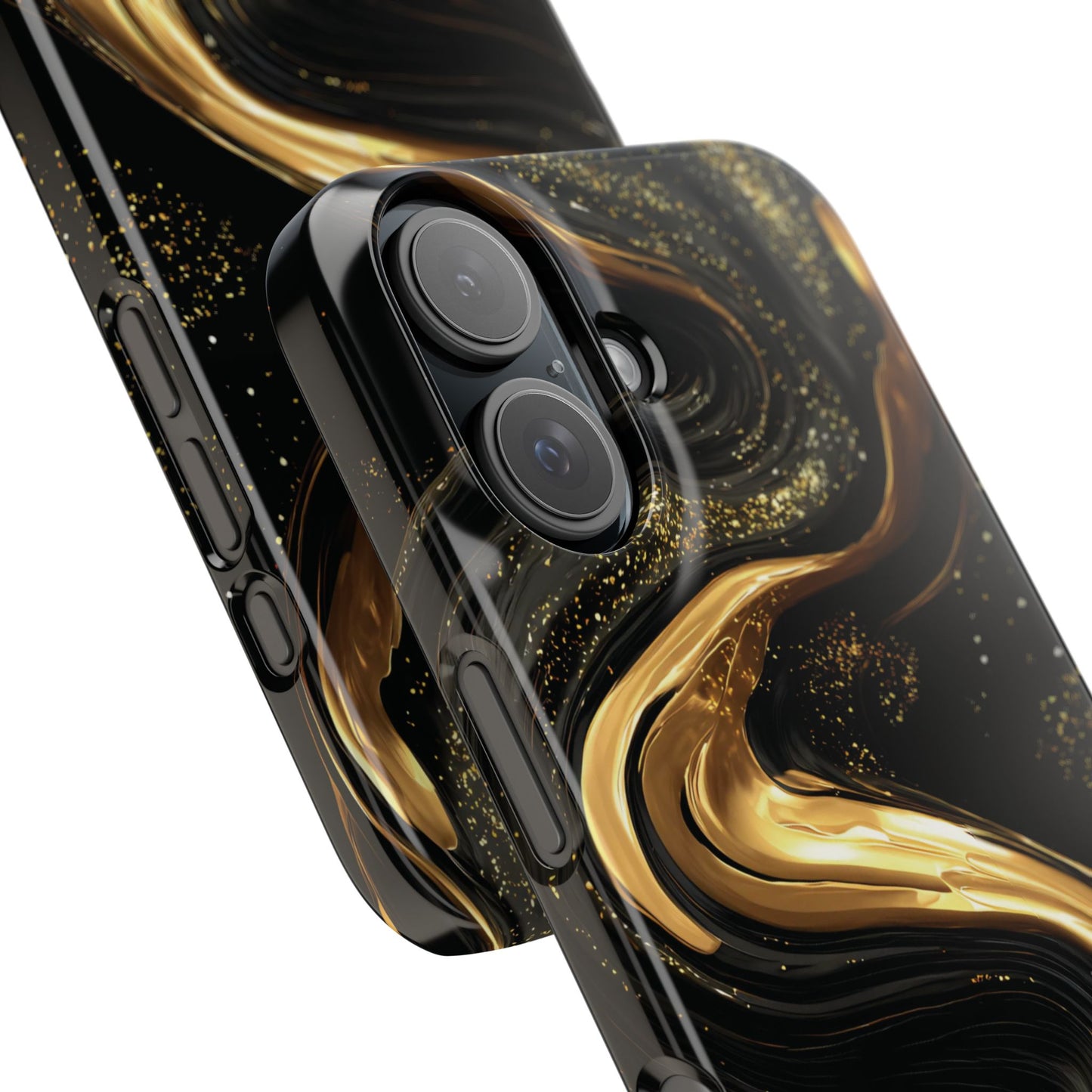 Snap phone case with an elegant black and gold swirl pattern in a glossy 3D wrap finish