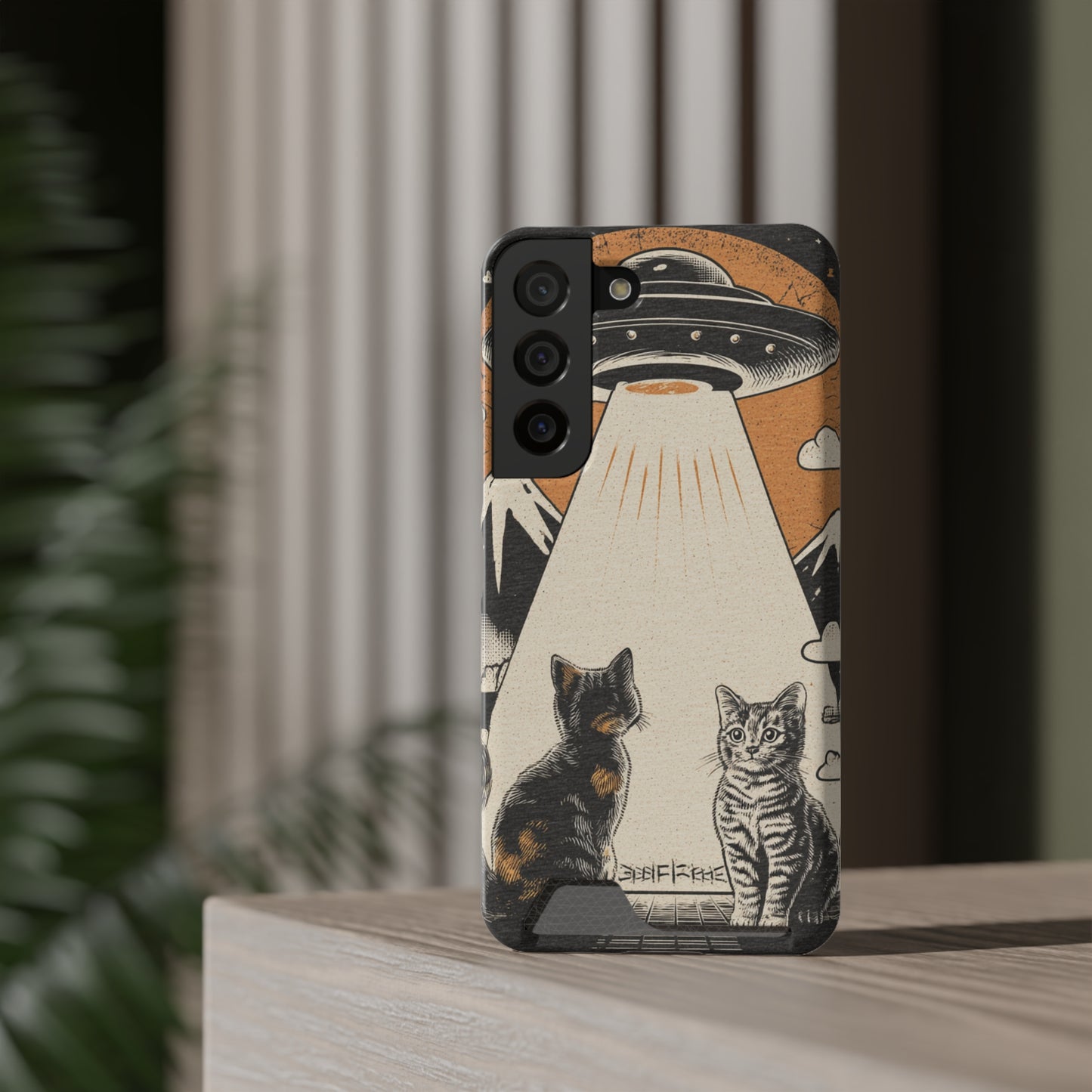 Cat UFO Phone Case with Card Holder, Trendy Cat Lover Gift, Space Theme Accessories, Unique Pet Owner Present, Cute Feline Design