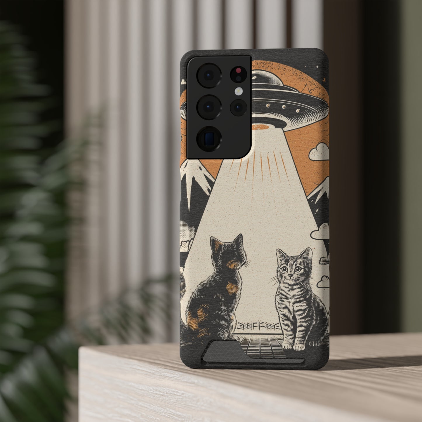 Cat UFO Phone Case with Card Holder, Trendy Cat Lover Gift, Space Theme Accessories, Unique Pet Owner Present, Cute Feline Design
