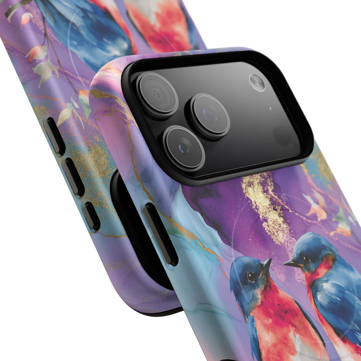 Bird Pair Tough Magnetic Phone Case — Purple Watercolor Floral Design
