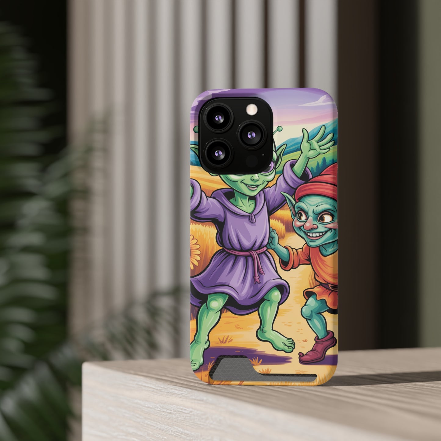 Playful Alien Phone Case with Card Holder | Cute Green Characters | Gift for Kids, Sci-Fi Fanatic, Birthday Fun, Unique Design