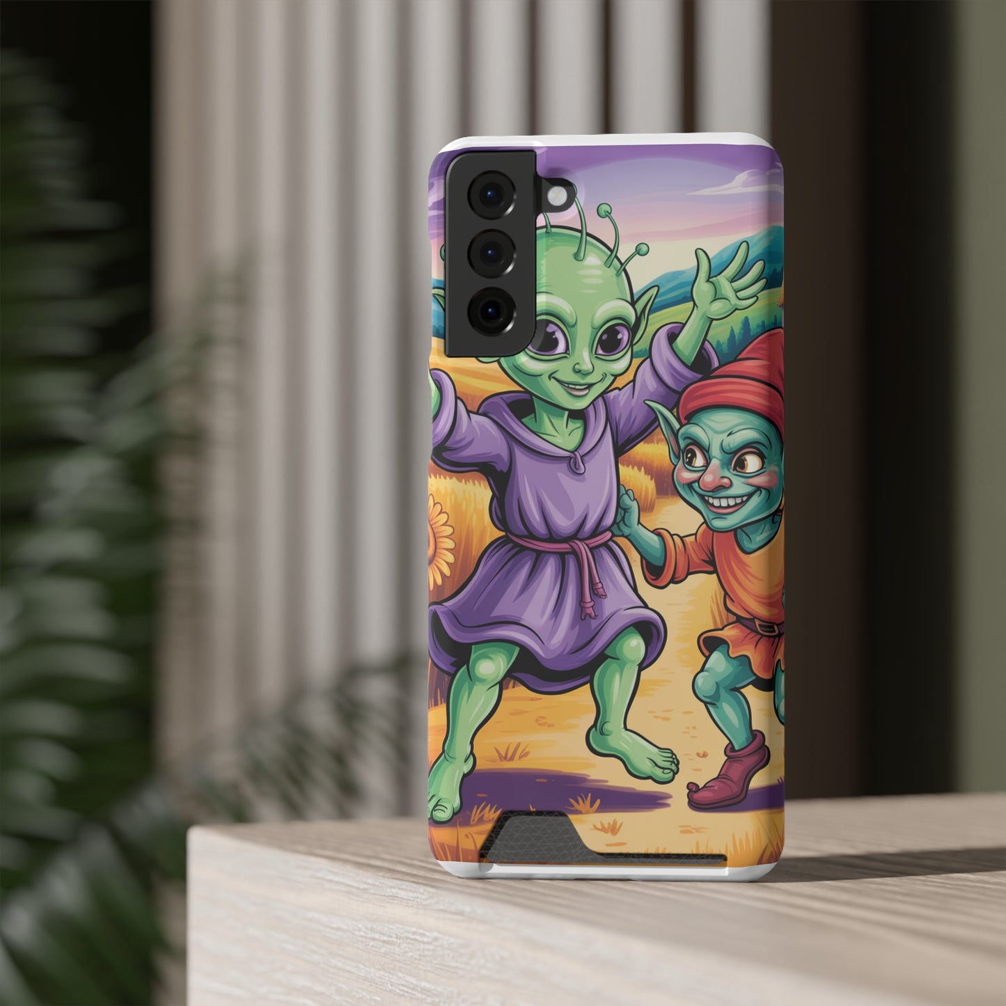 Playful Alien Phone Case with Card Holder | Cute Green Characters | Gift for Kids, Sci-Fi Fanatic, Birthday Fun, Unique Design