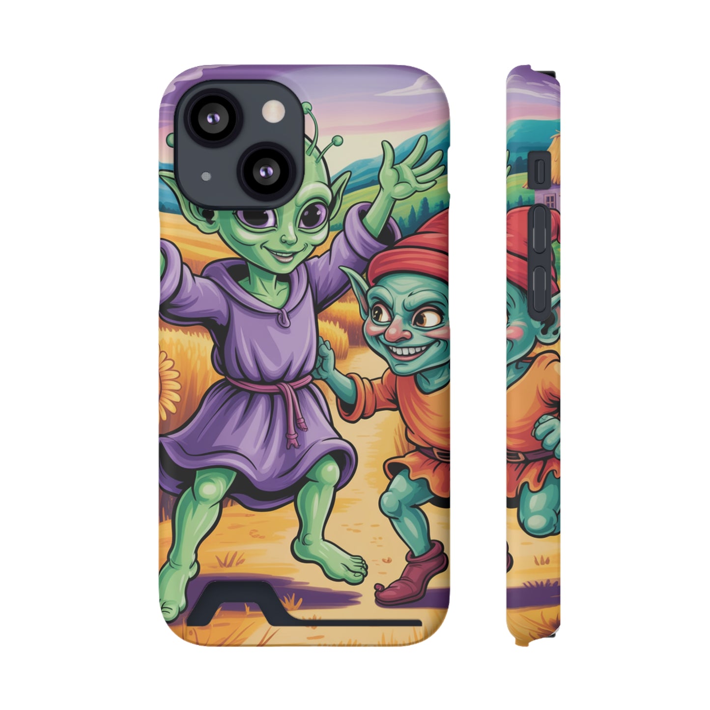 Playful Alien Phone Case with Card Holder | Cute Green Characters | Gift for Kids, Sci-Fi Fanatic, Birthday Fun, Unique Design
