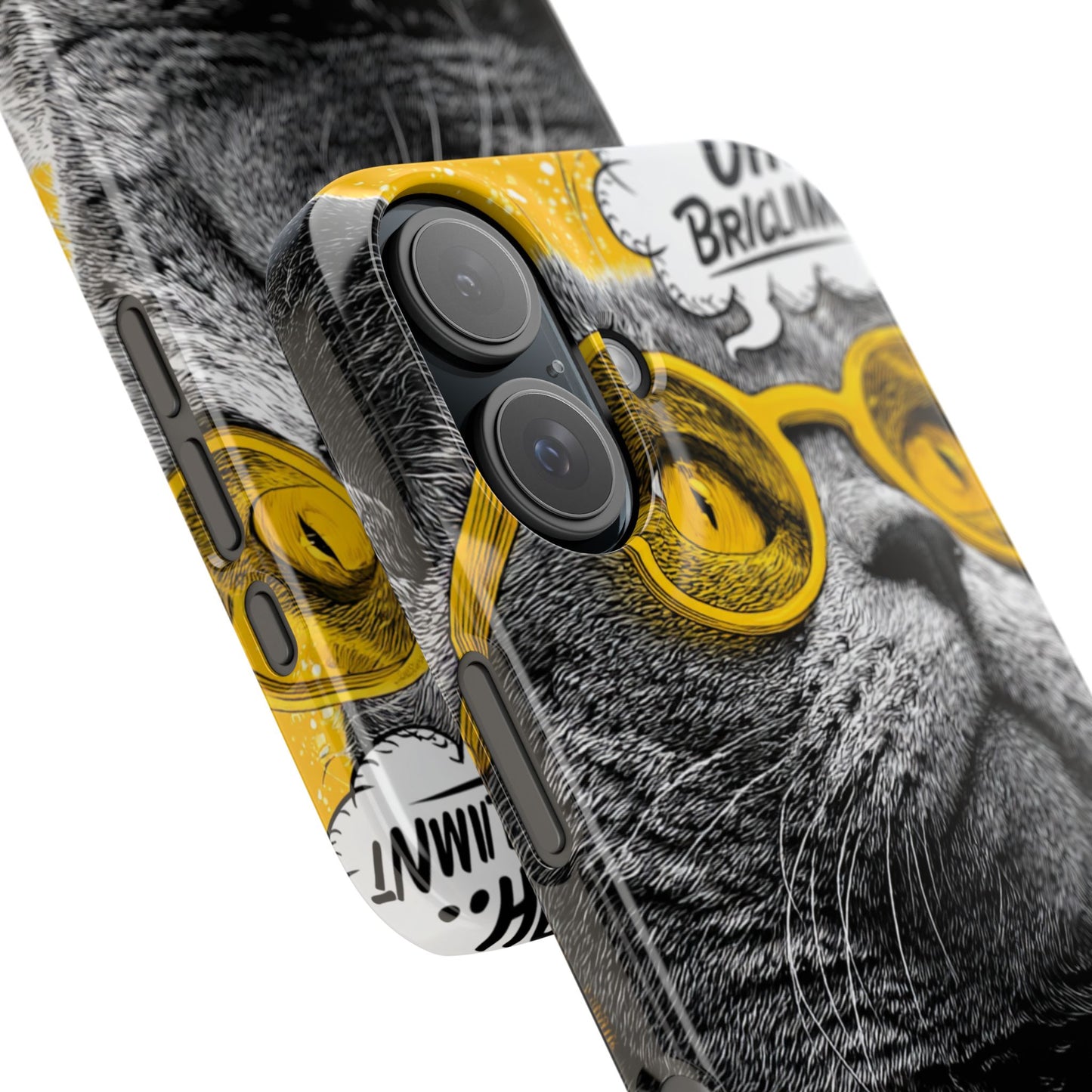 Quirky snap phone case featuring a cartoon cat wearing yellow sunglasses in bright colors