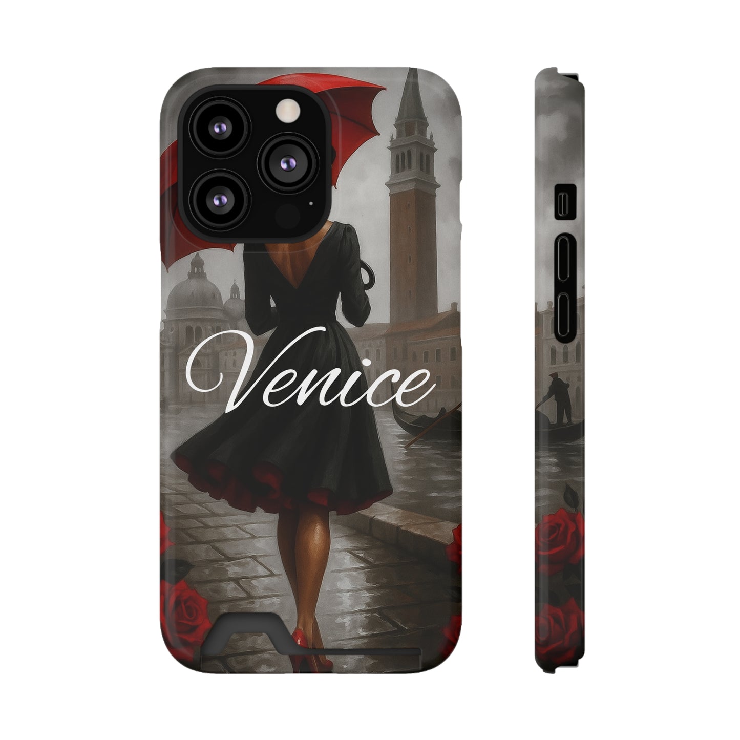 Phone Case With Card Holder, Venice Woman Design, Rainy Day Phone Wallet, Traveler Gift, Italian Art Accessory, Cute Cellphone Cover