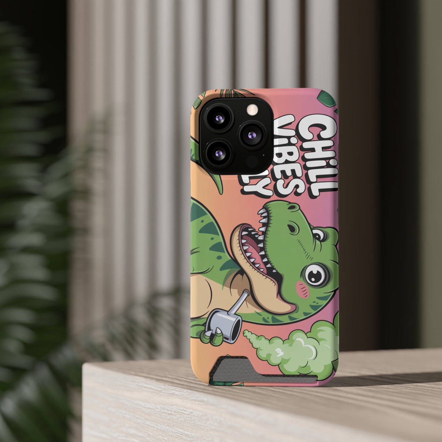 Chill Vibes Phone Case with Card Holder, Fun Dino Design for Teens, Cute Gift, Summer Vibes, Trendy Accessories