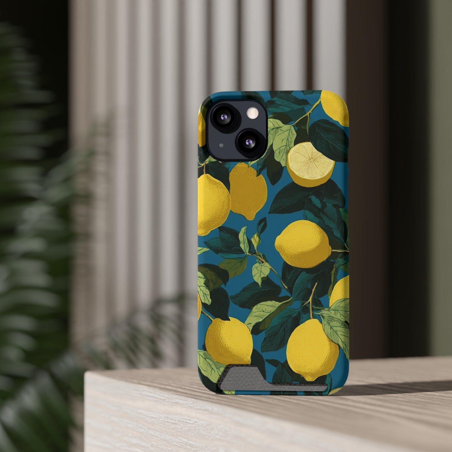 Lemon Print Phone Case with Card Holder, Chic Phone Accessory, Gift for Her, Cell Phone Cover, Summer Vibe, Floral Phone Case