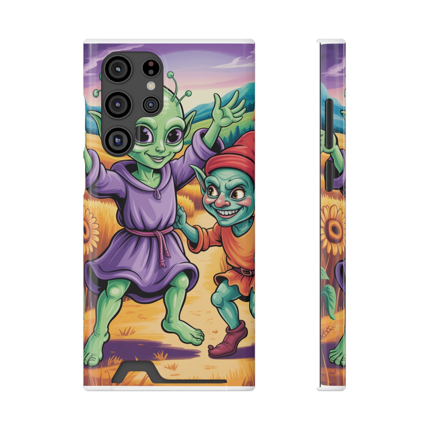 Playful Alien Phone Case with Card Holder | Cute Green Characters | Gift for Kids, Sci-Fi Fanatic, Birthday Fun, Unique Design