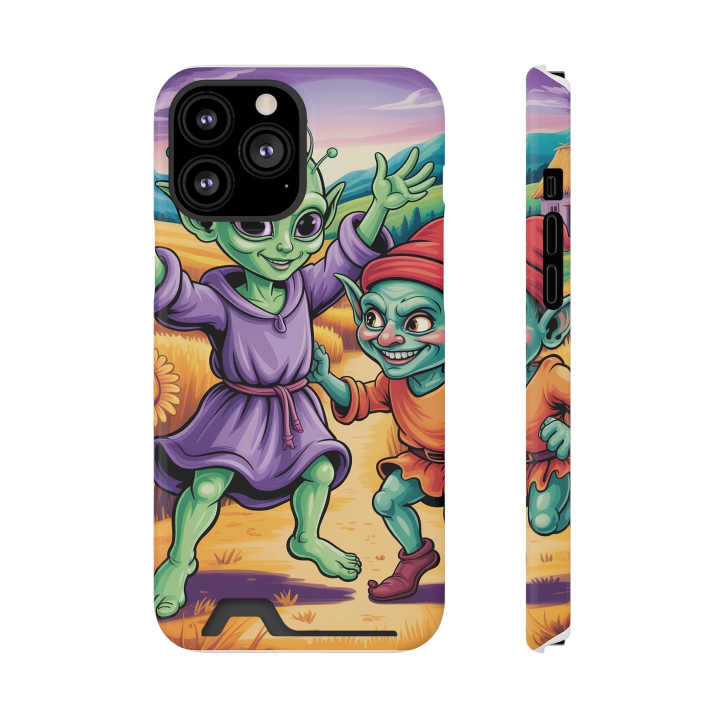 Playful Alien Phone Case with Card Holder | Cute Green Characters | Gift for Kids, Sci-Fi Fanatic, Birthday Fun, Unique Design