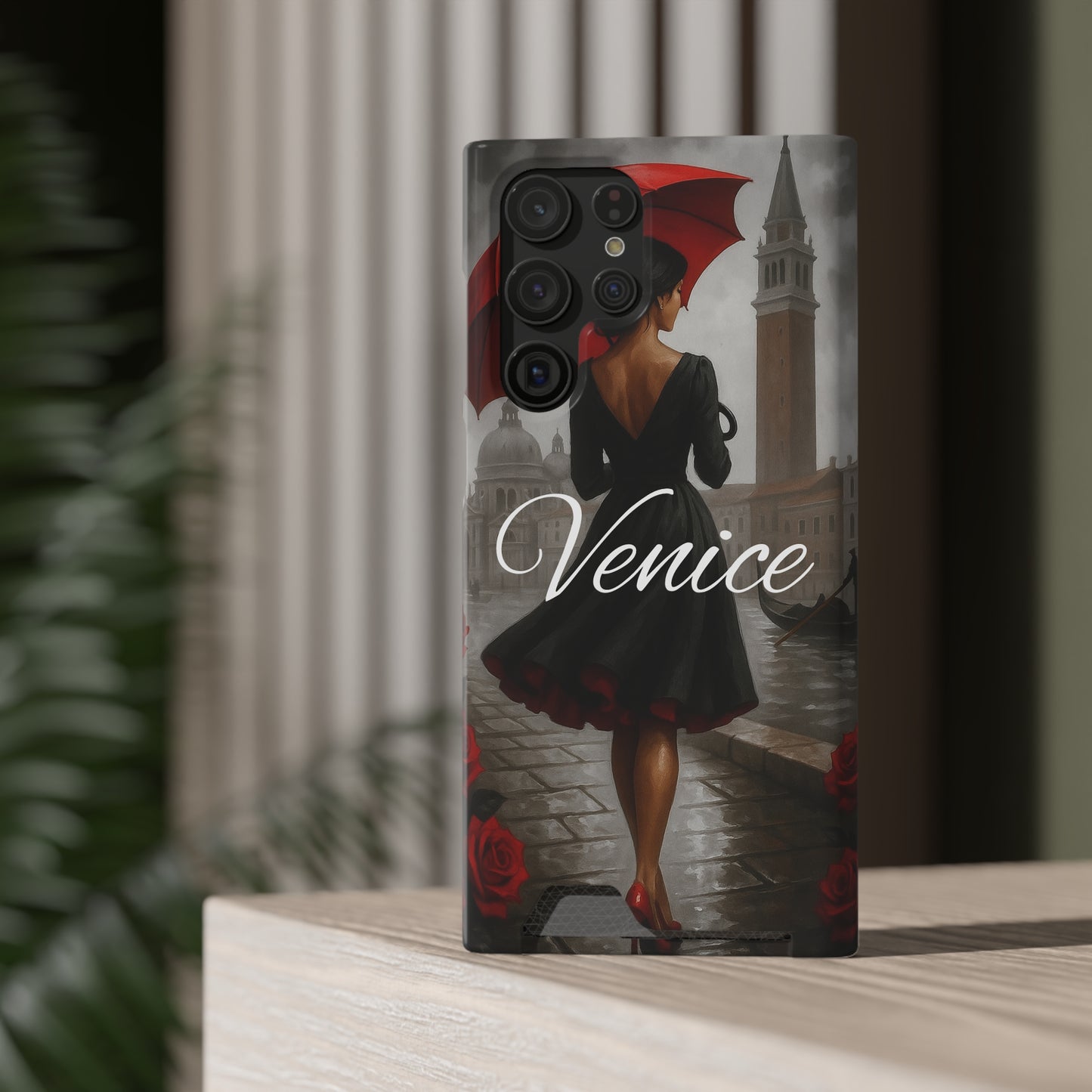 Phone Case With Card Holder, Venice Woman Design, Rainy Day Phone Wallet, Traveler Gift, Italian Art Accessory, Cute Cellphone Cover