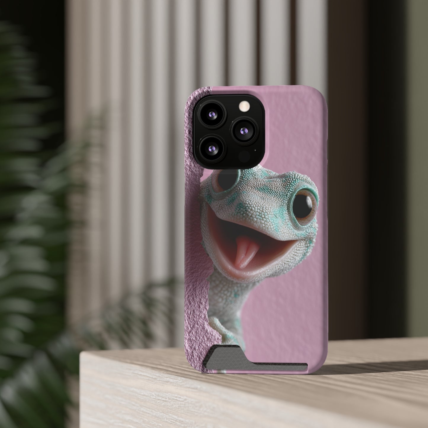 Fun Gecko Phone Case with Card Holder, Cute Cell Phone Accessory, Animal Lover Gift, Party Favor, Unique Phone Cover