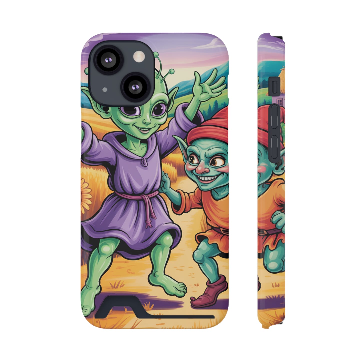 Playful Alien Phone Case with Card Holder | Cute Green Characters | Gift for Kids, Sci-Fi Fanatic, Birthday Fun, Unique Design