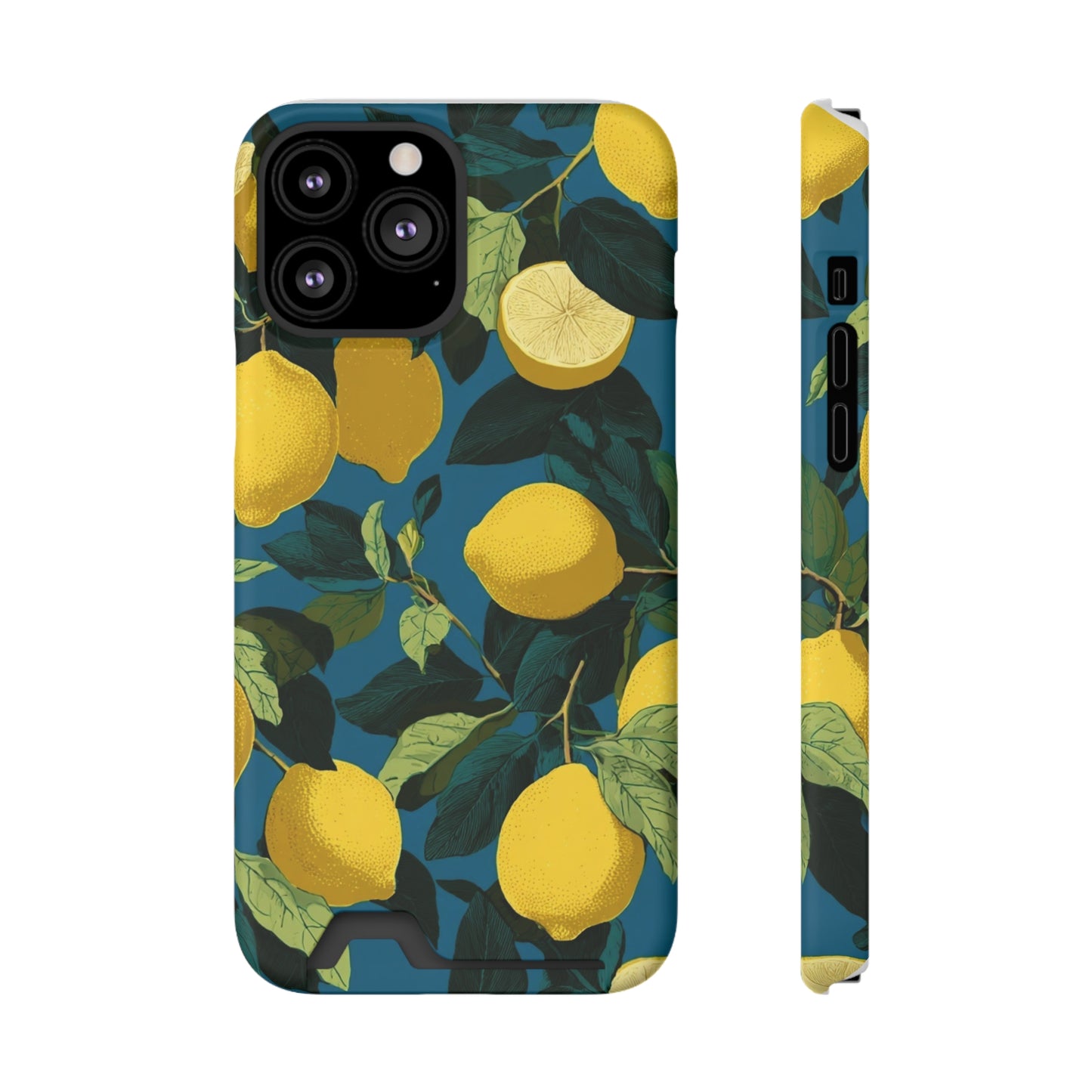 Lemon Print Phone Case with Card Holder, Chic Phone Accessory, Gift for Her, Cell Phone Cover, Summer Vibe, Floral Phone Case