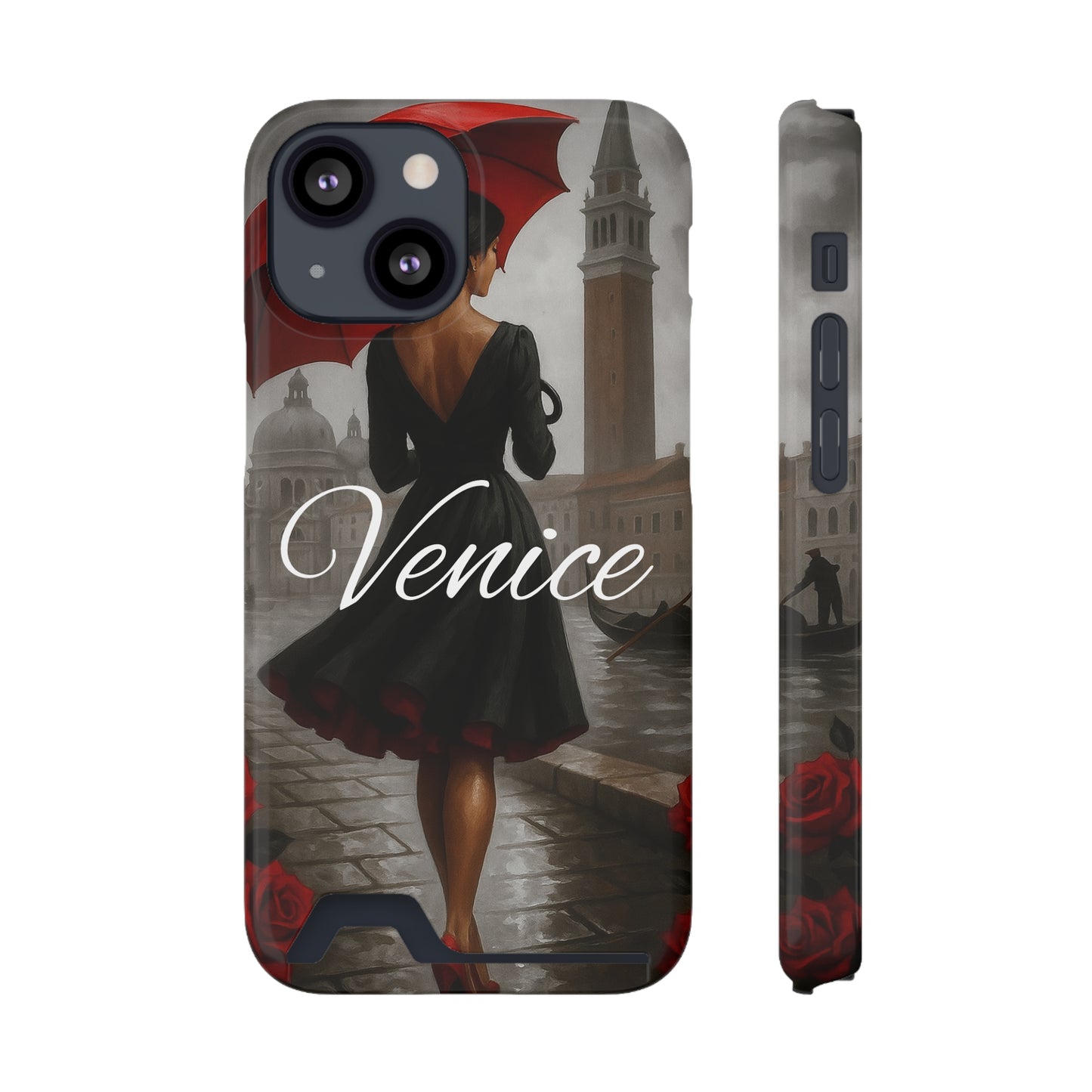 Phone Case With Card Holder, Venice Woman Design, Rainy Day Phone Wallet, Traveler Gift, Italian Art Accessory, Cute Cellphone Cover