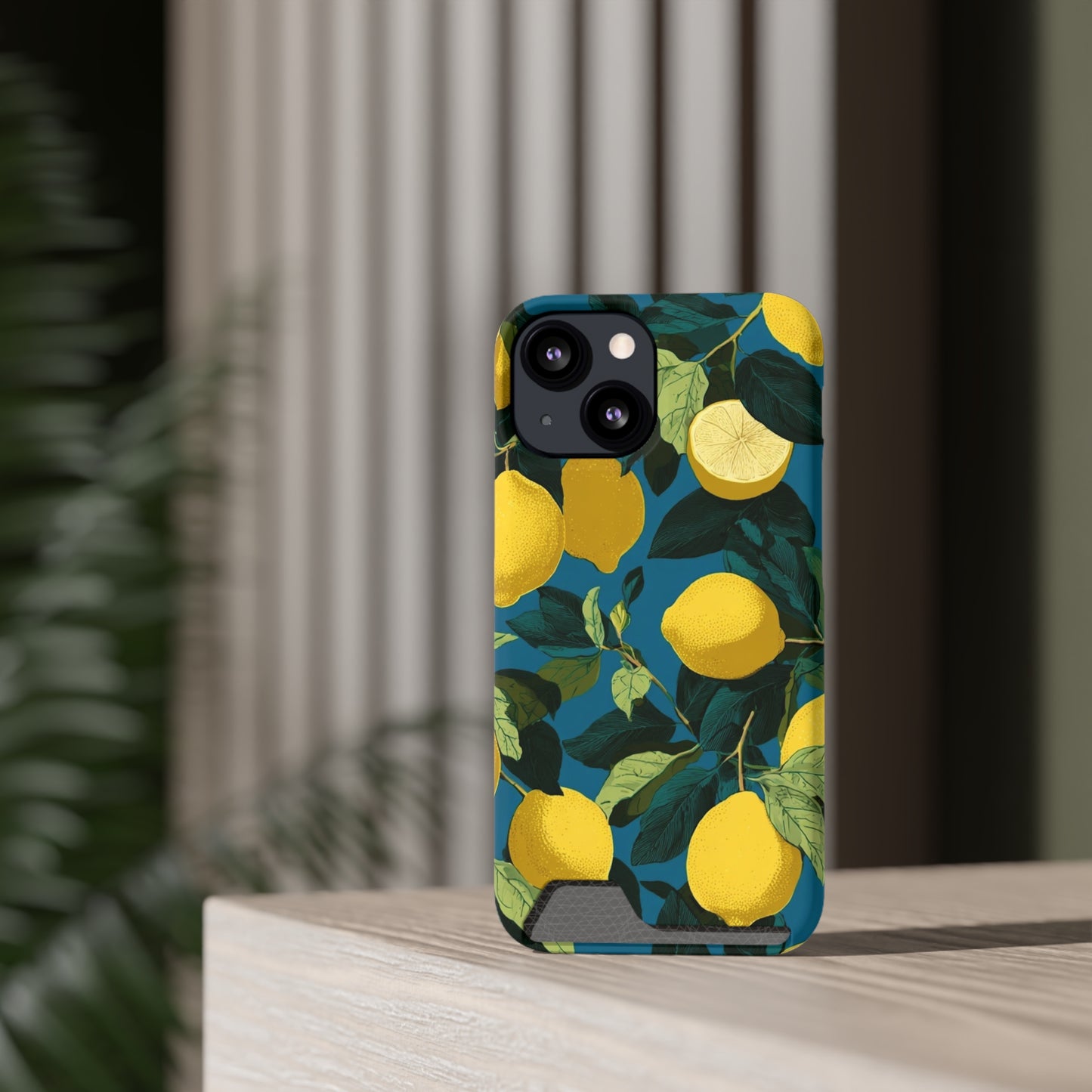 Lemon Print Phone Case with Card Holder, Chic Phone Accessory, Gift for Her, Cell Phone Cover, Summer Vibe, Floral Phone Case
