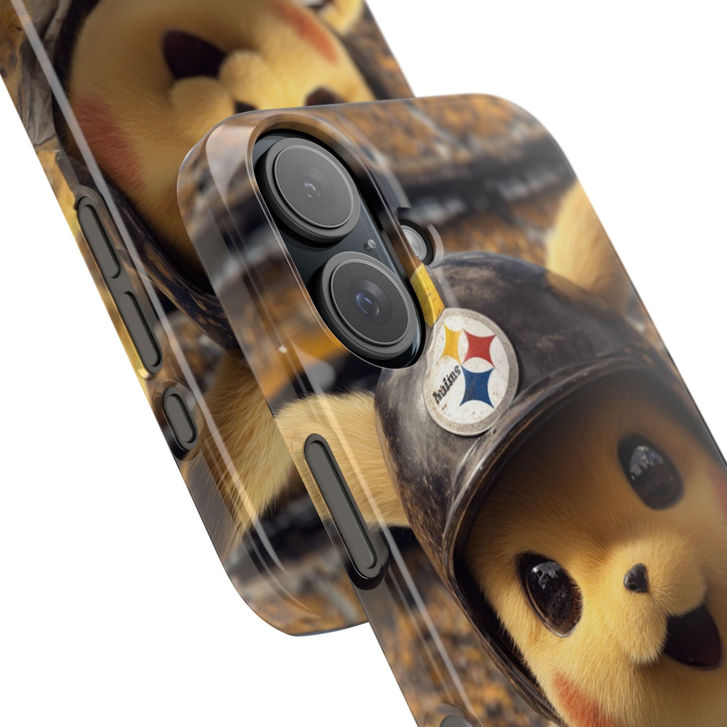 Pikachu football-themed snap phone case with colorful character design on slim hard shell